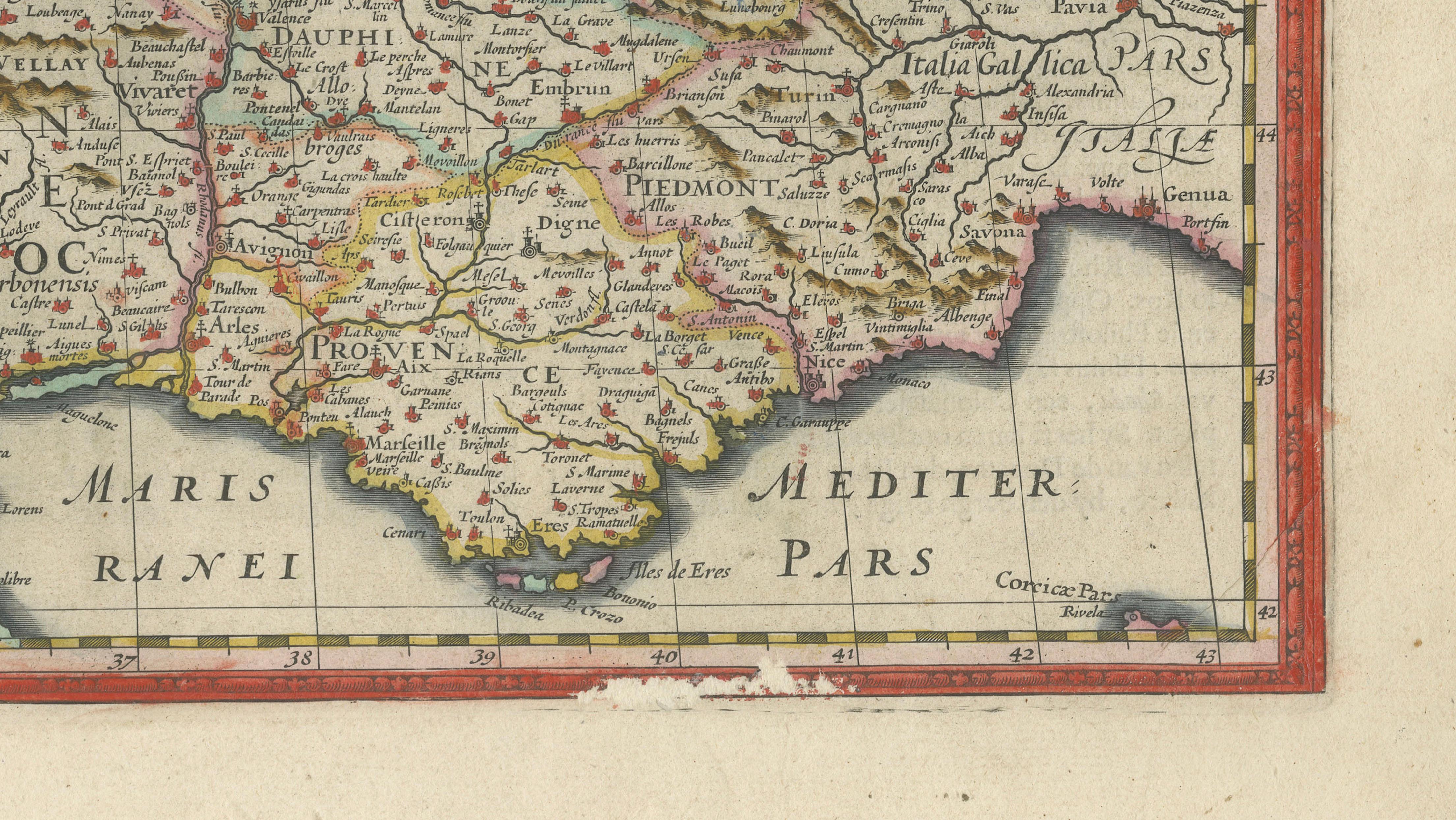 17th Century Blaeu Map of France, Gallia, Hand Colored, c.1642