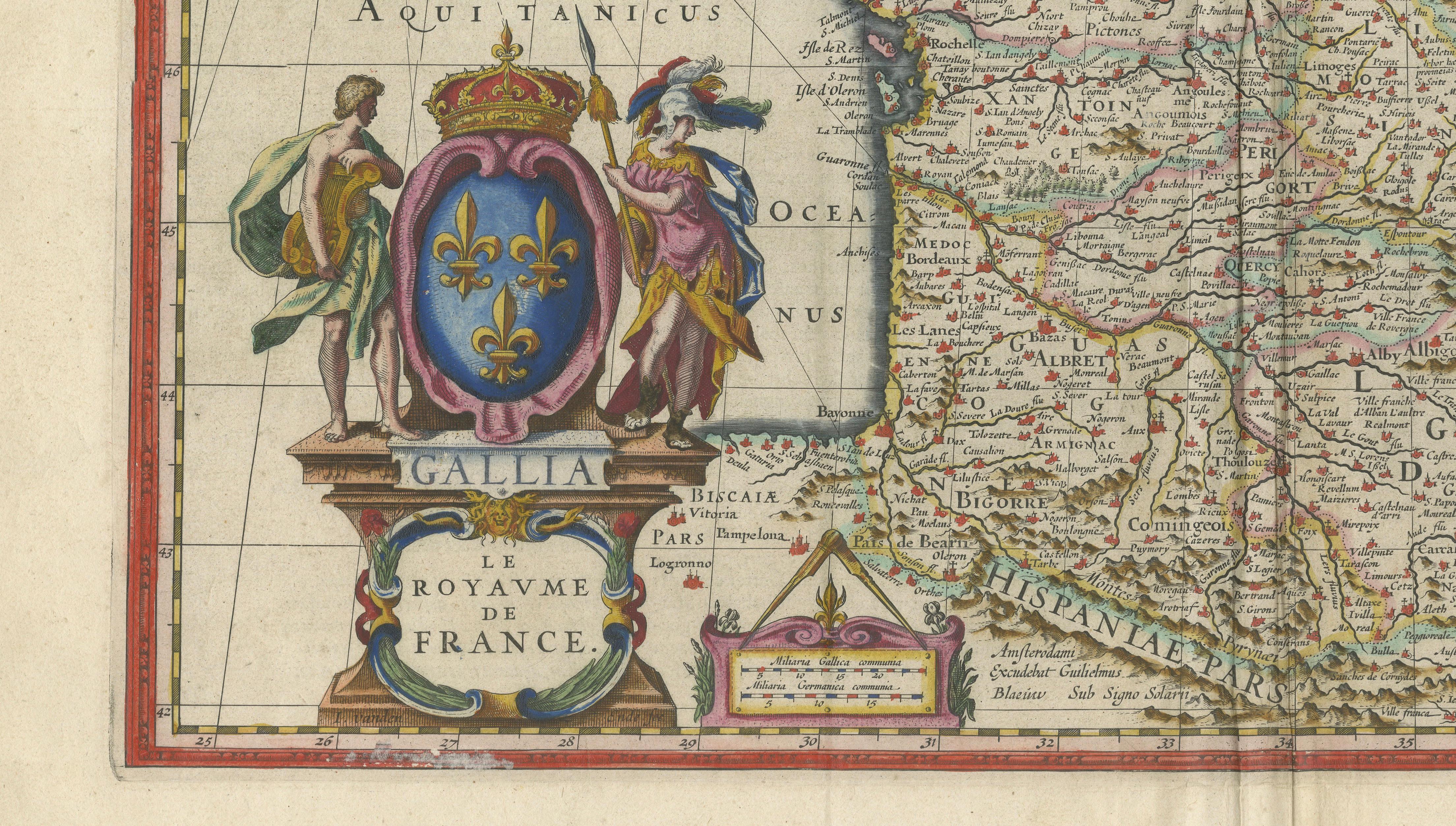 17th Century Blaeu Map of France, Gallia, Hand Colored, c.1642