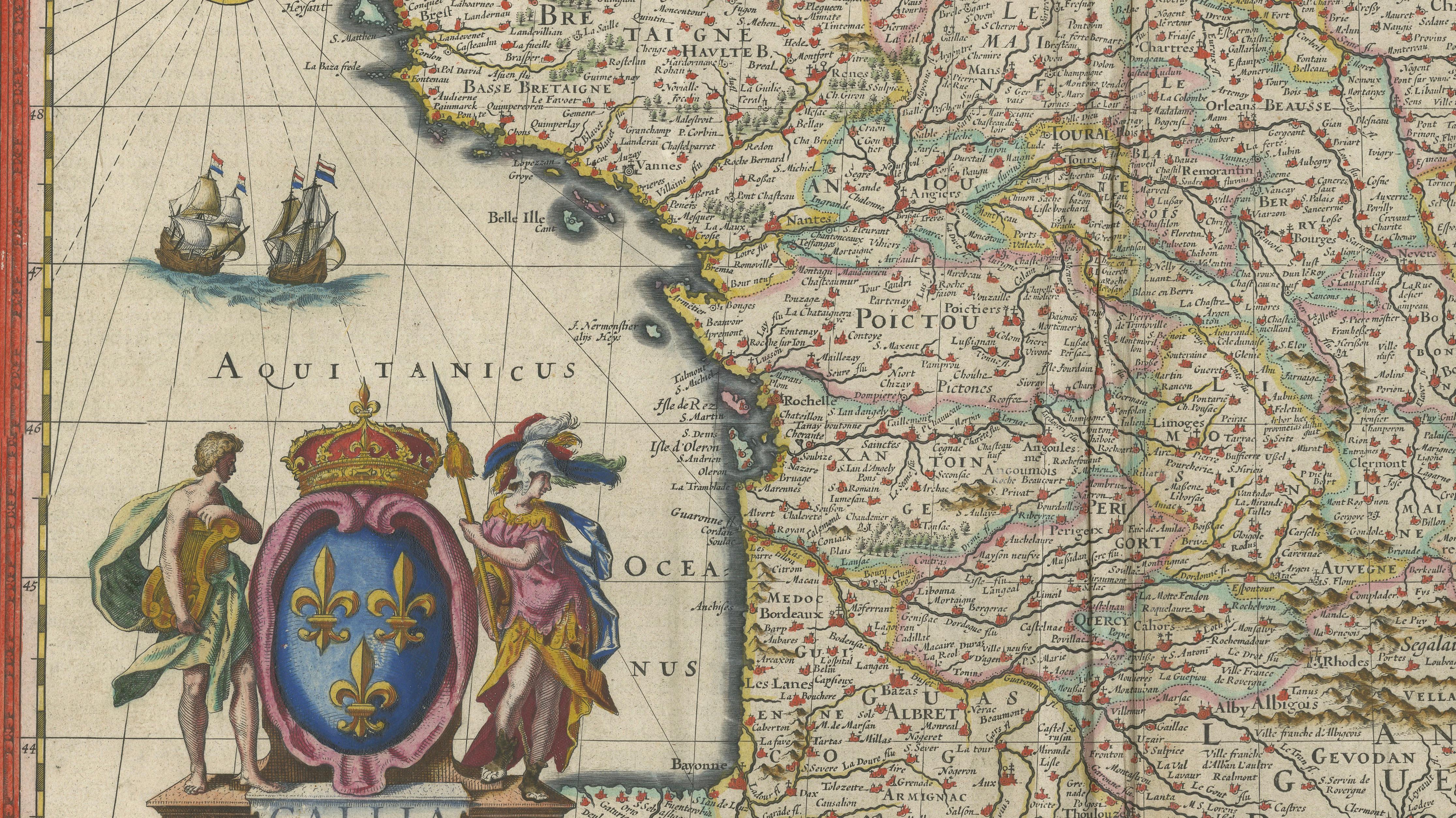 17th Century Blaeu Map of France, Gallia, Hand Colored, c.1642