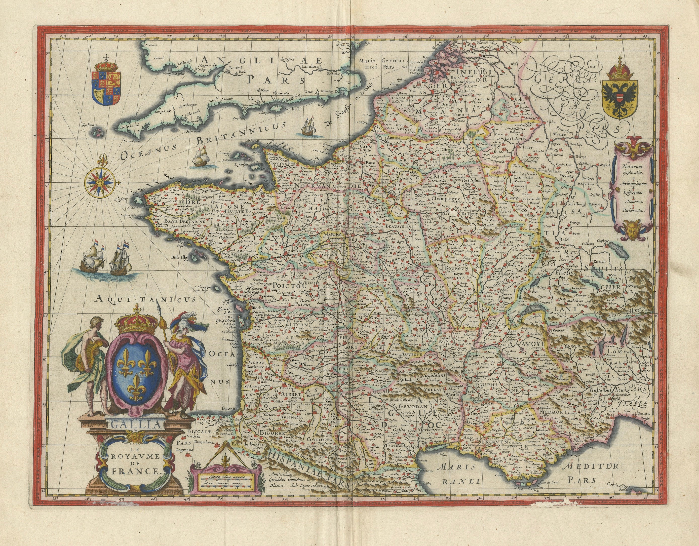 17th Century Blaeu Map of France, Gallia, Hand Colored, c.1642