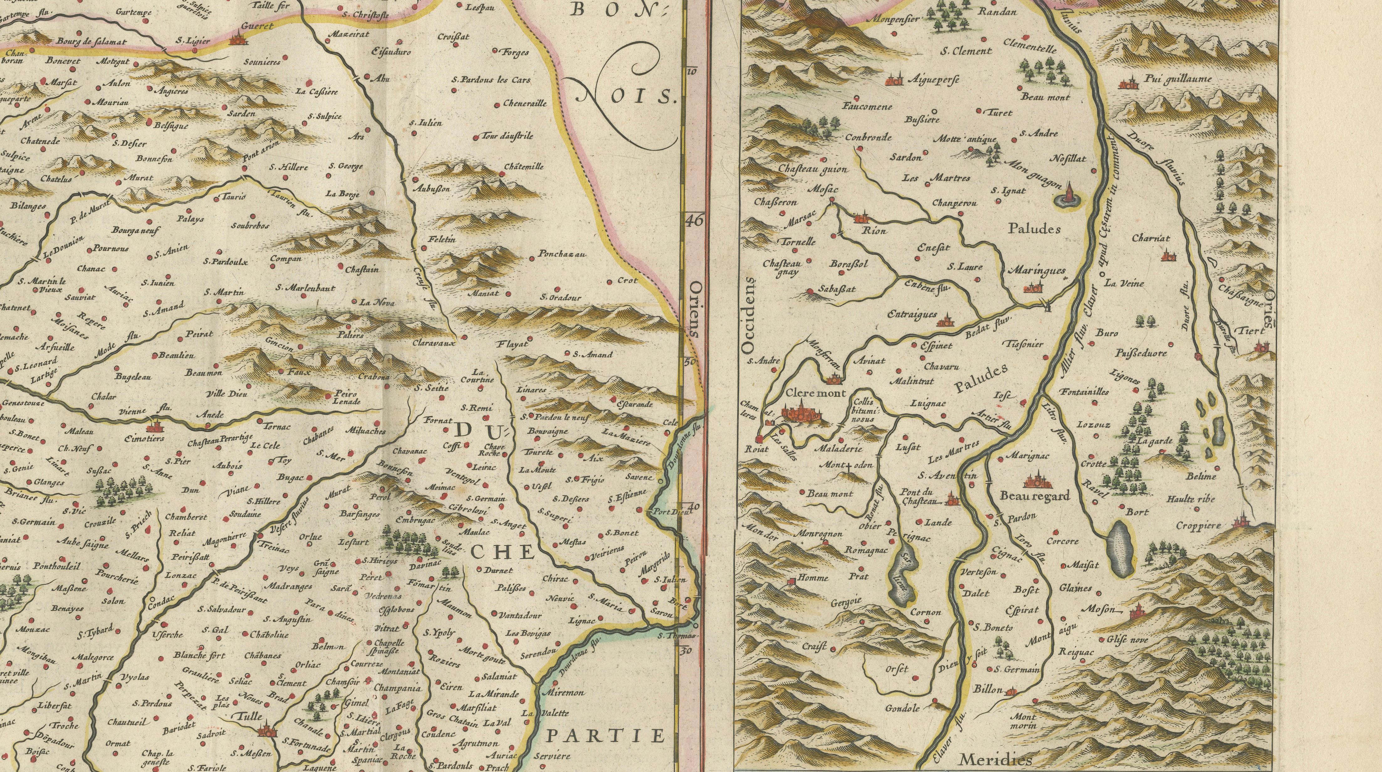 Antique Blaeu Map of Limousin and Limagne, France, circa 1642
