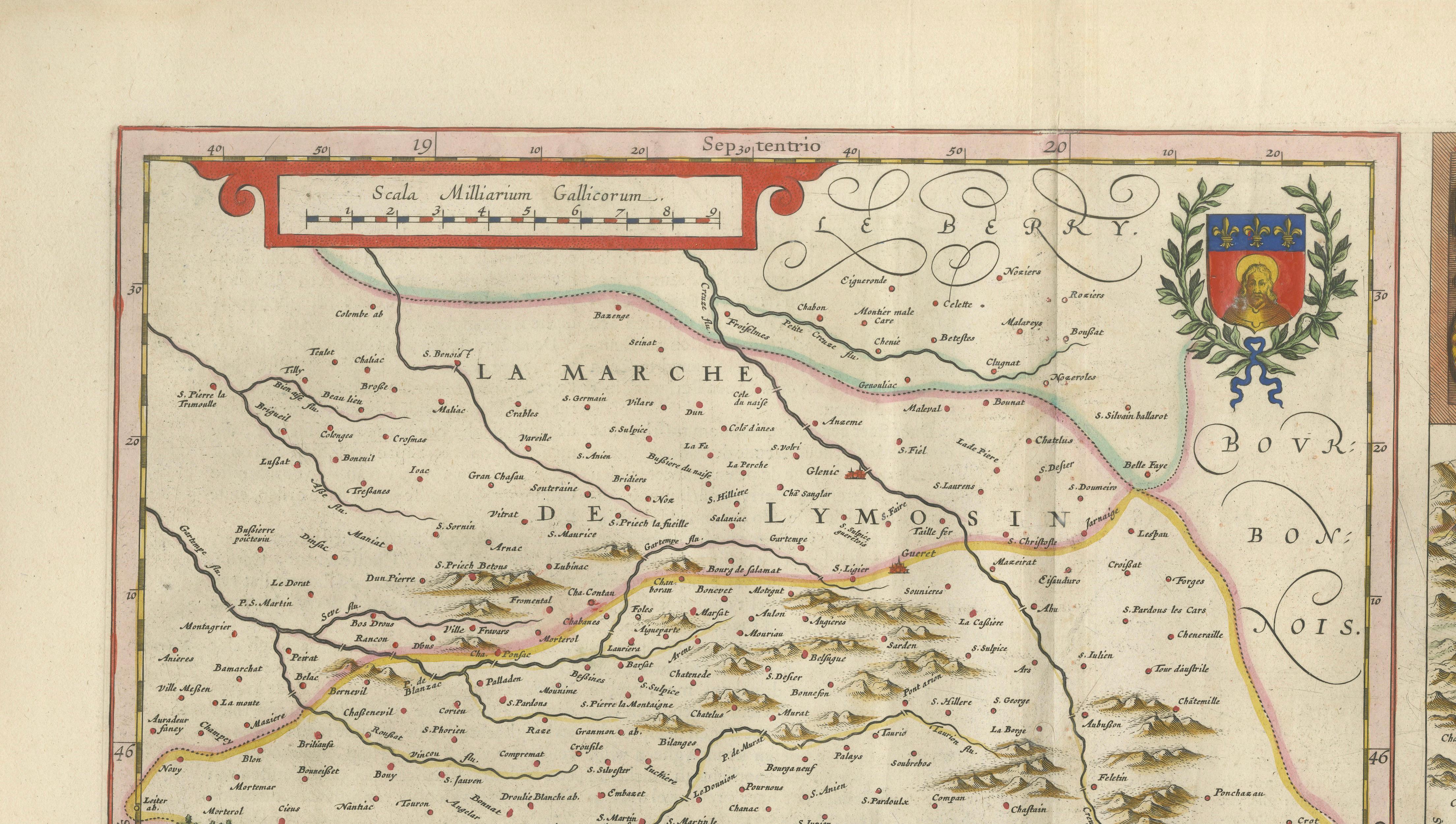 Antique Blaeu Map of Limousin and Limagne, France, circa 1642
