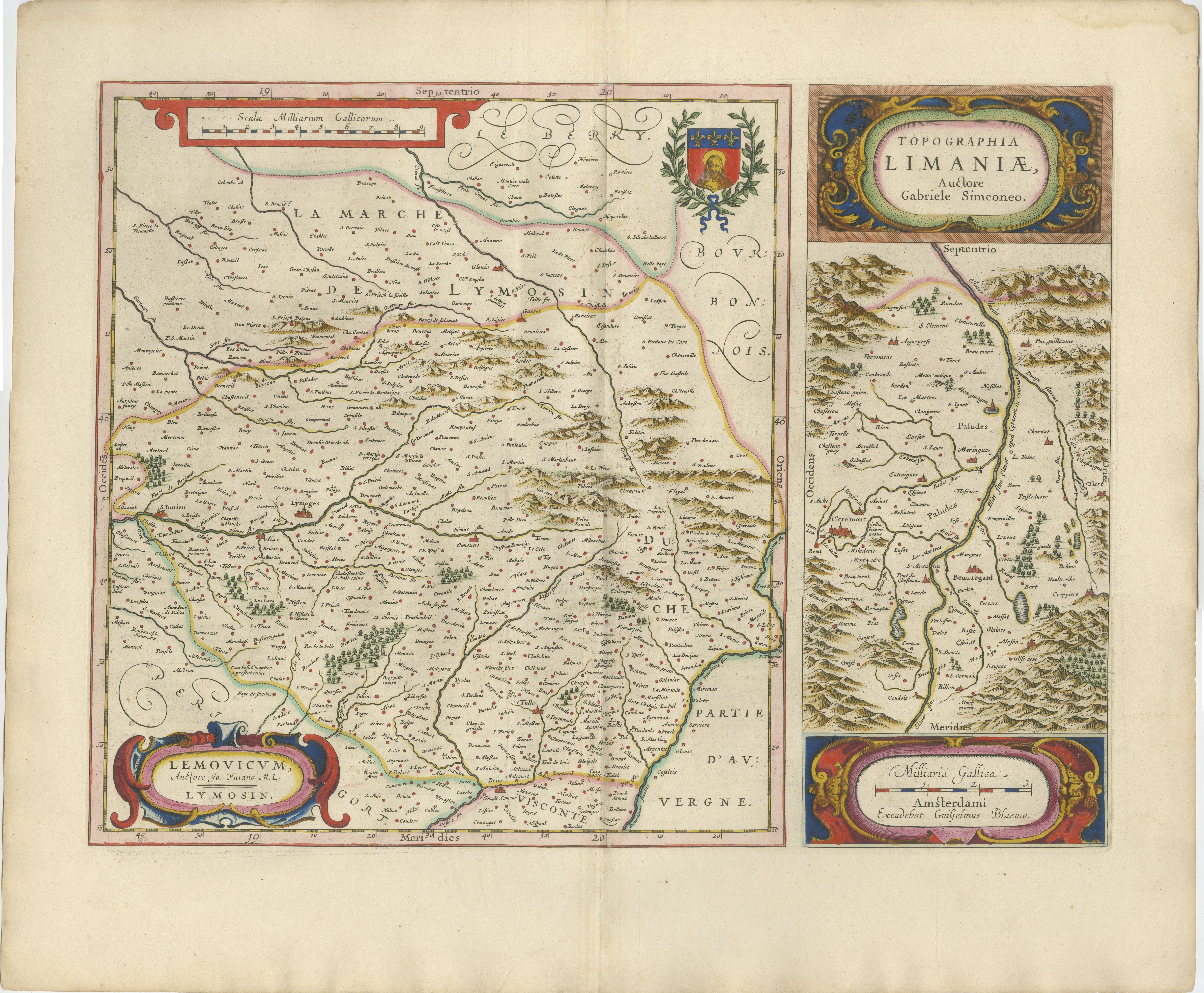 Antique Blaeu Map of Limousin and Limagne, France, circa 1642