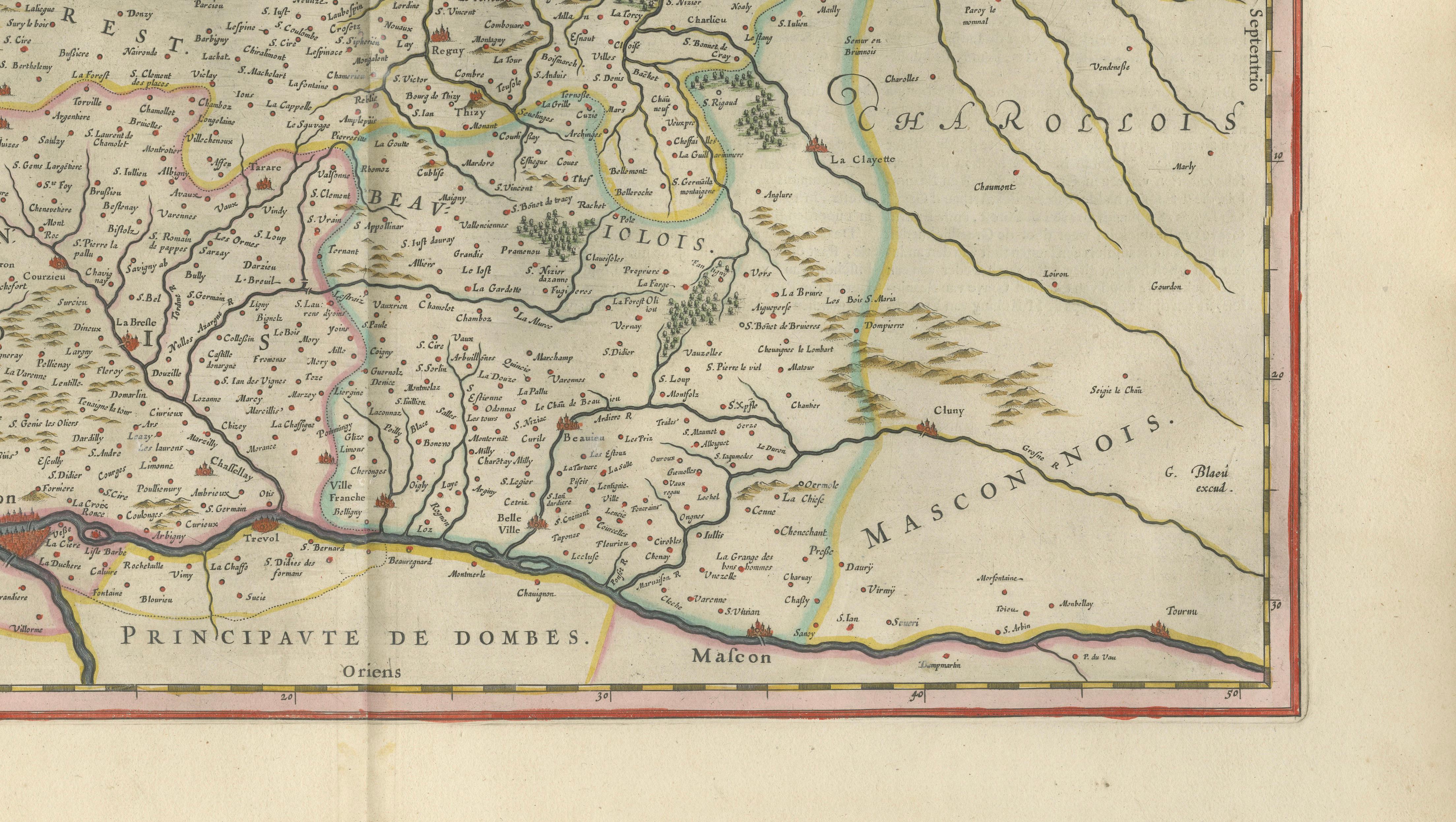 Antique Blaeu Map of Lyonnais, Forez, Beaujolais & Mâconnais, 1642