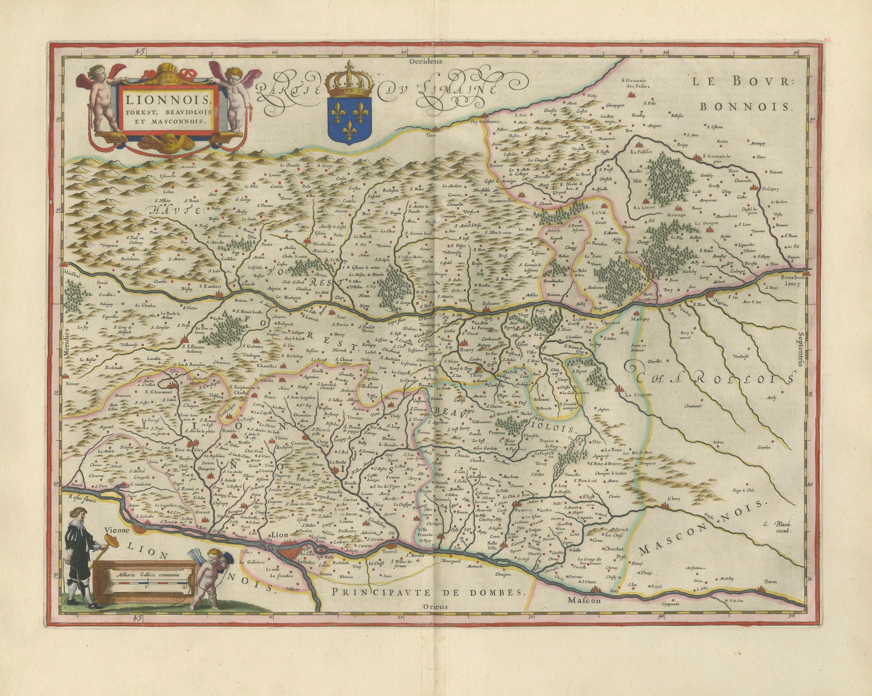 Antique Blaeu Map of Lyonnais, Forez, Beaujolais & Mâconnais, 1642
