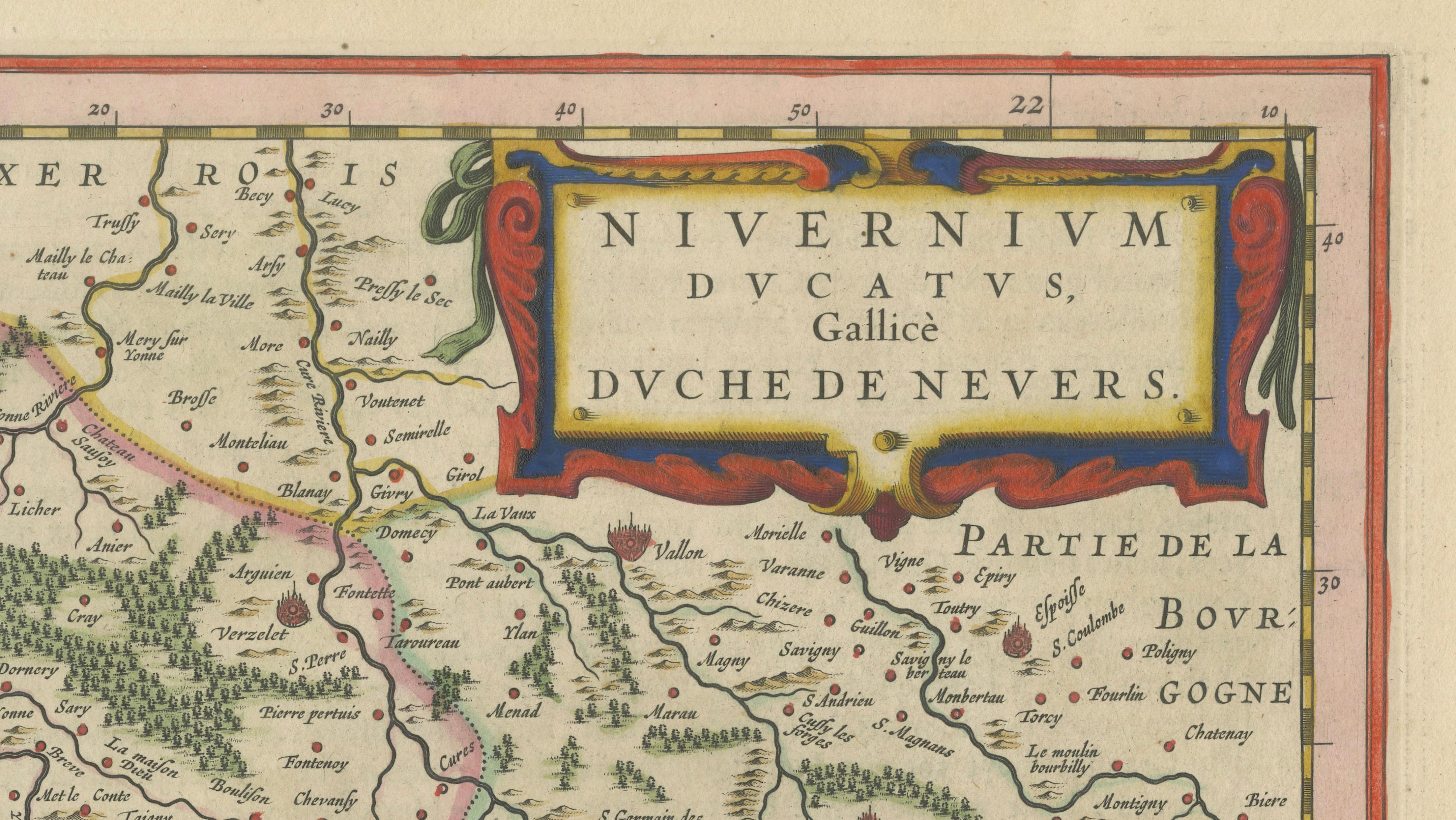 Antique Blaeu Map of Nevers, Nivernais and Morvan, France, 1642