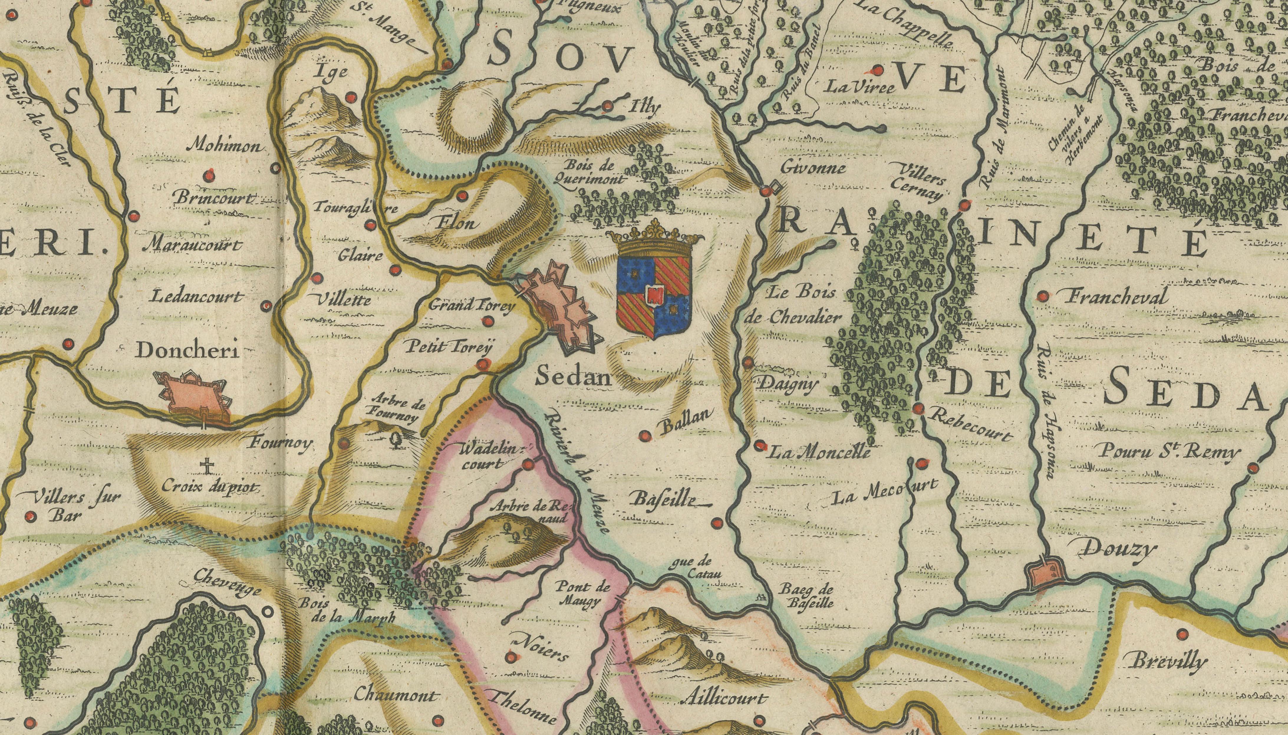 Antique Blaeu Map of Sedan & Donchery France, c. 1642 Hand Color