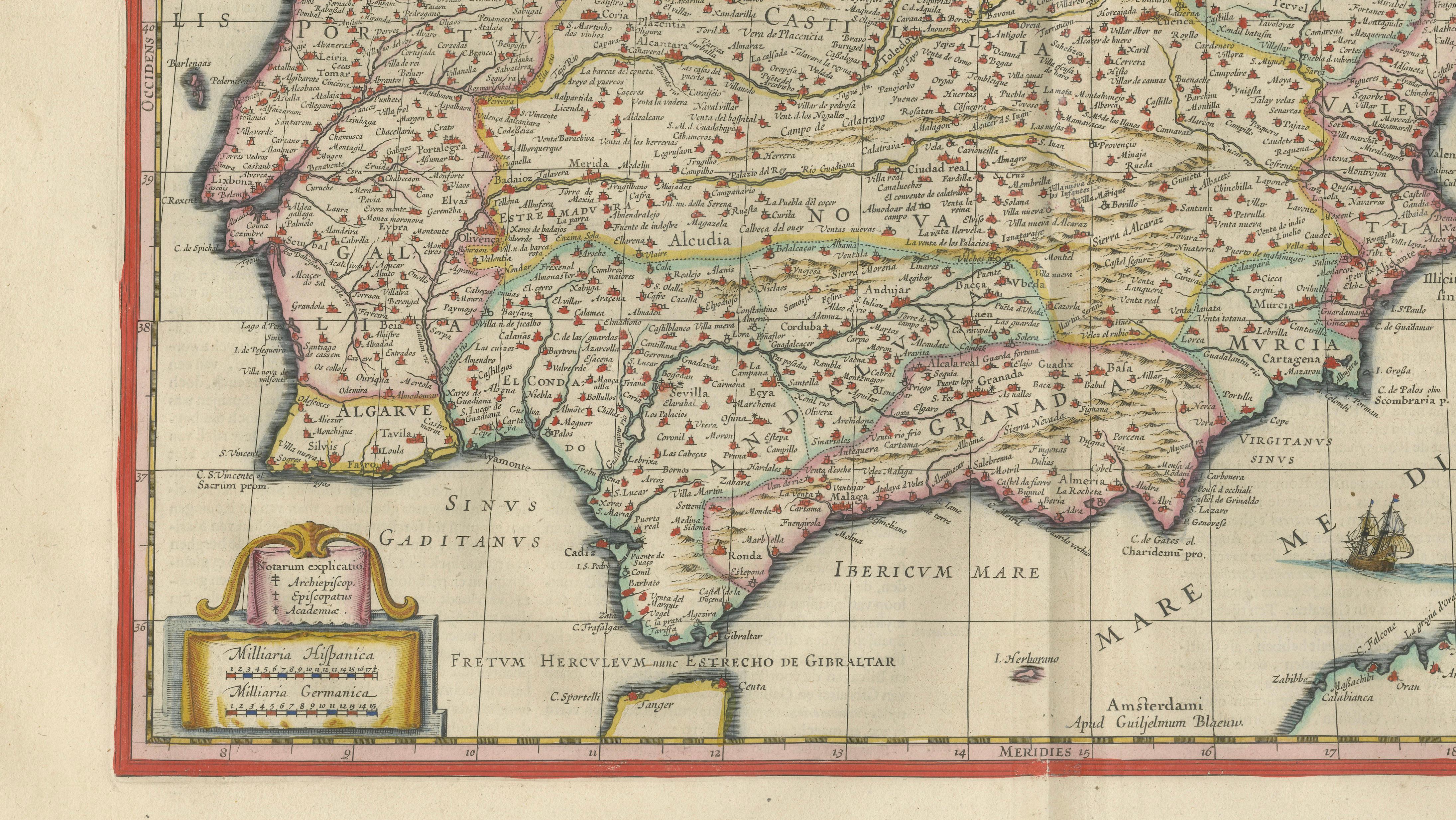 Antique Blaeu Map of Spain & Portugal “Hispania”, Cartouche, c.1642