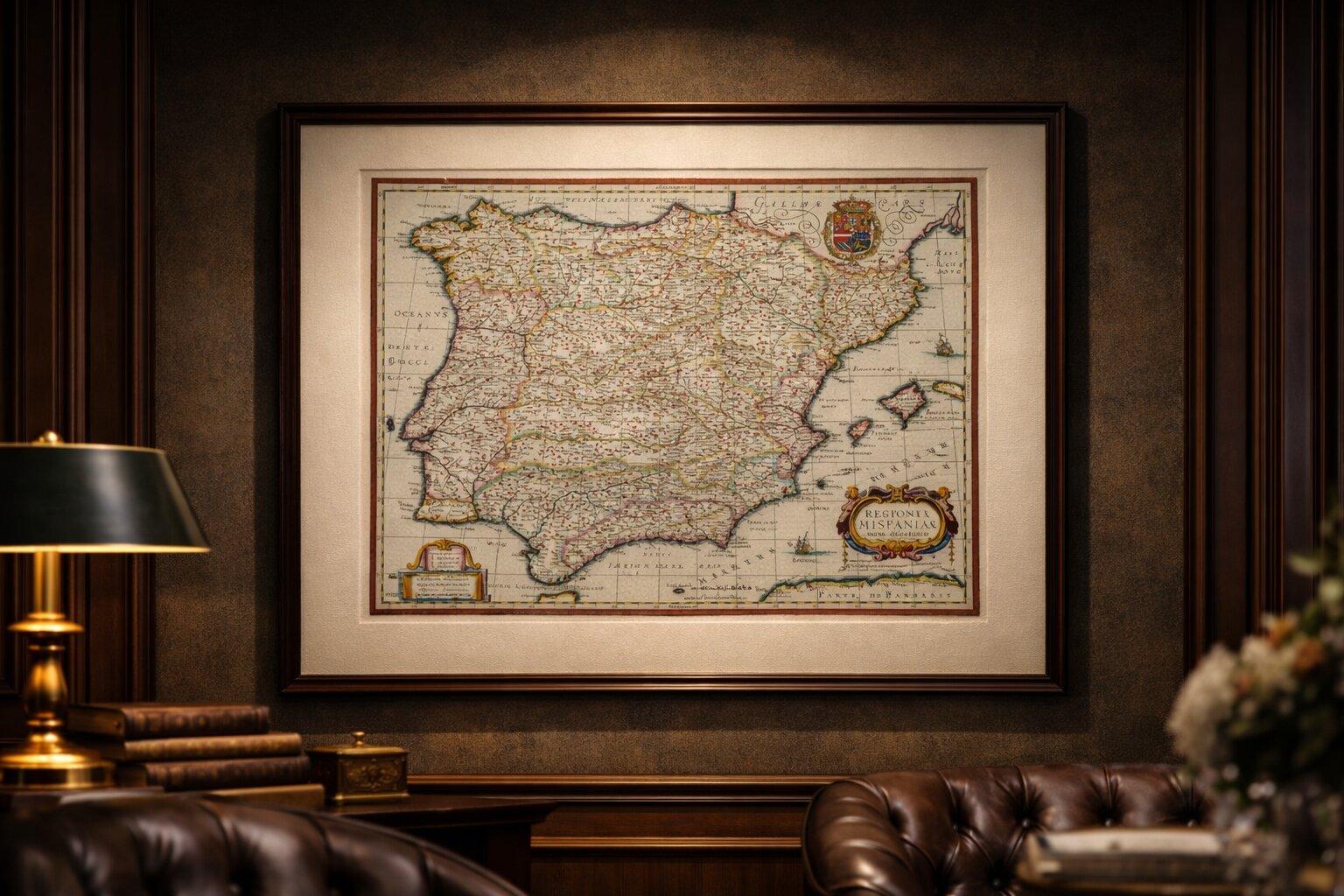 Antique Blaeu Map of Spain & Portugal “Hispania”, Cartouche, c.1642