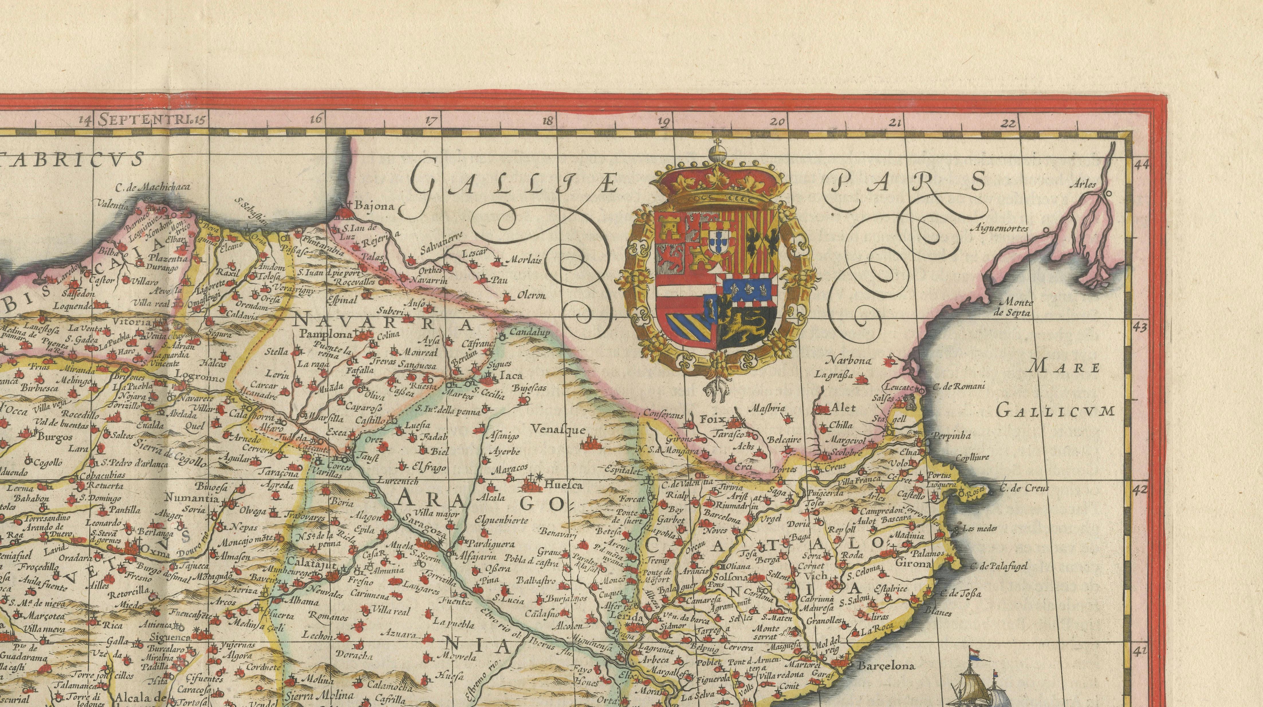 Antique Blaeu Map of Spain & Portugal “Hispania”, Cartouche, c.1642