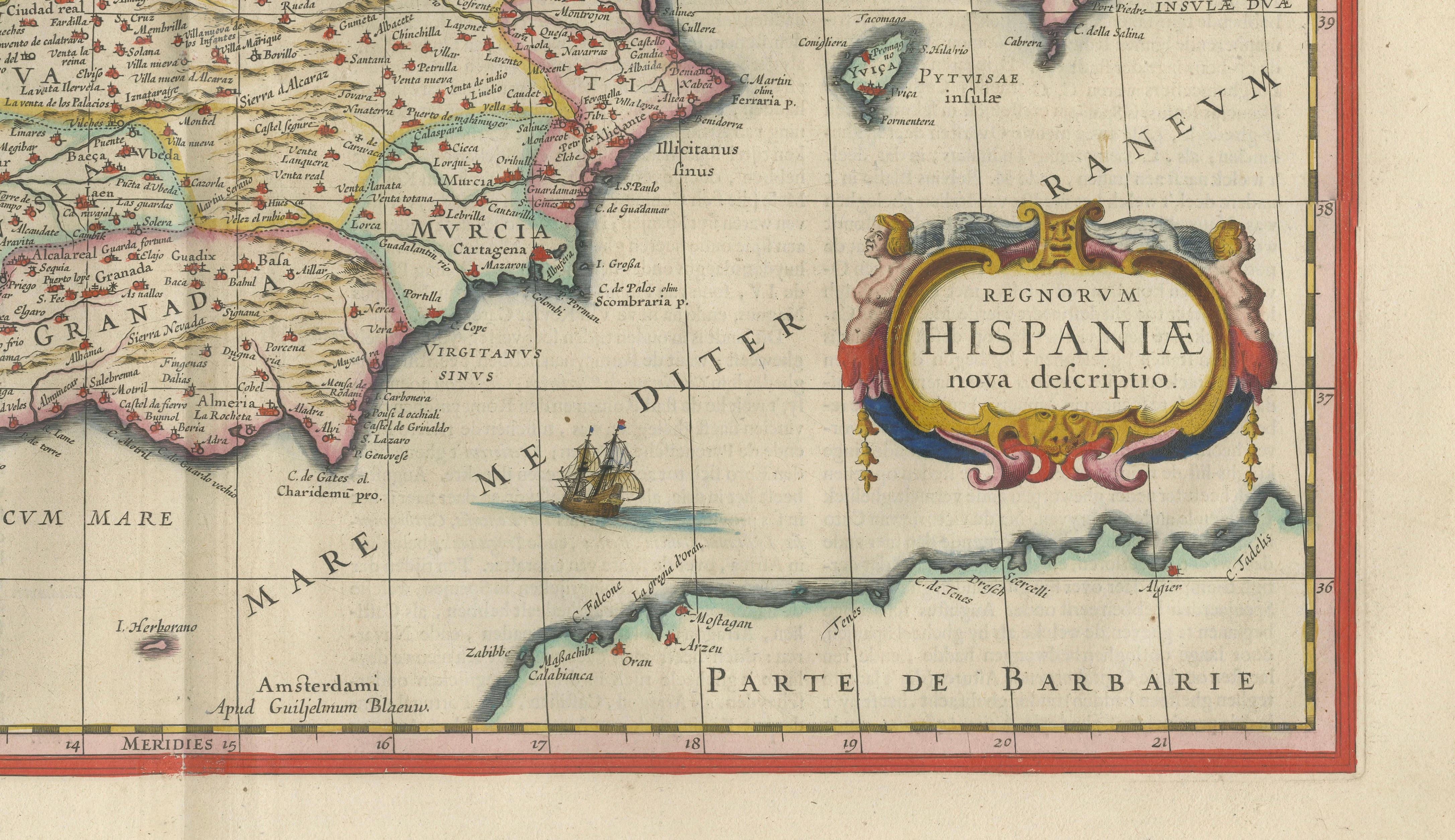 Antique Blaeu Map of Spain & Portugal “Hispania”, Cartouche, c.1642