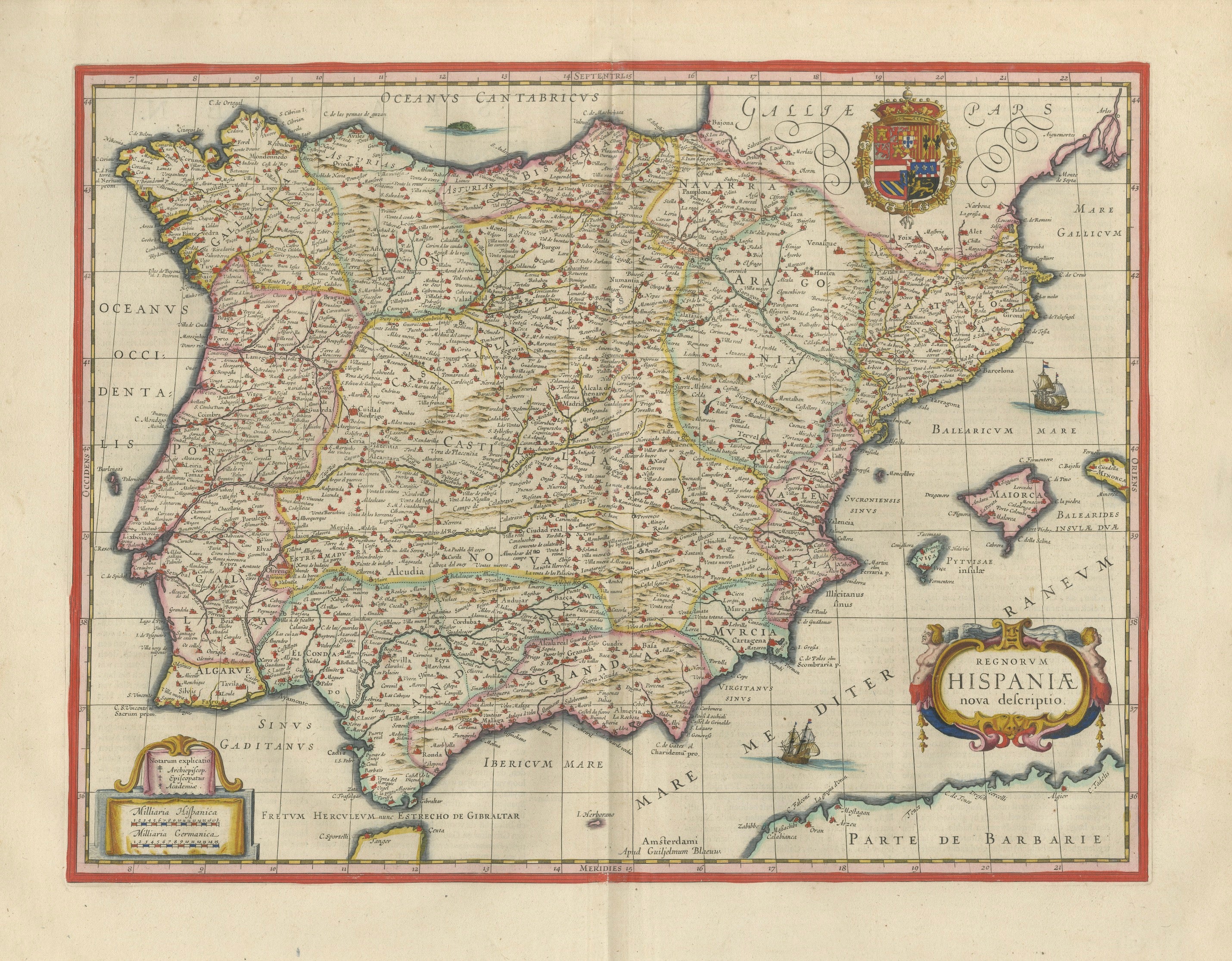 Antique Blaeu Map of Spain & Portugal “Hispania”, Cartouche, c.1642