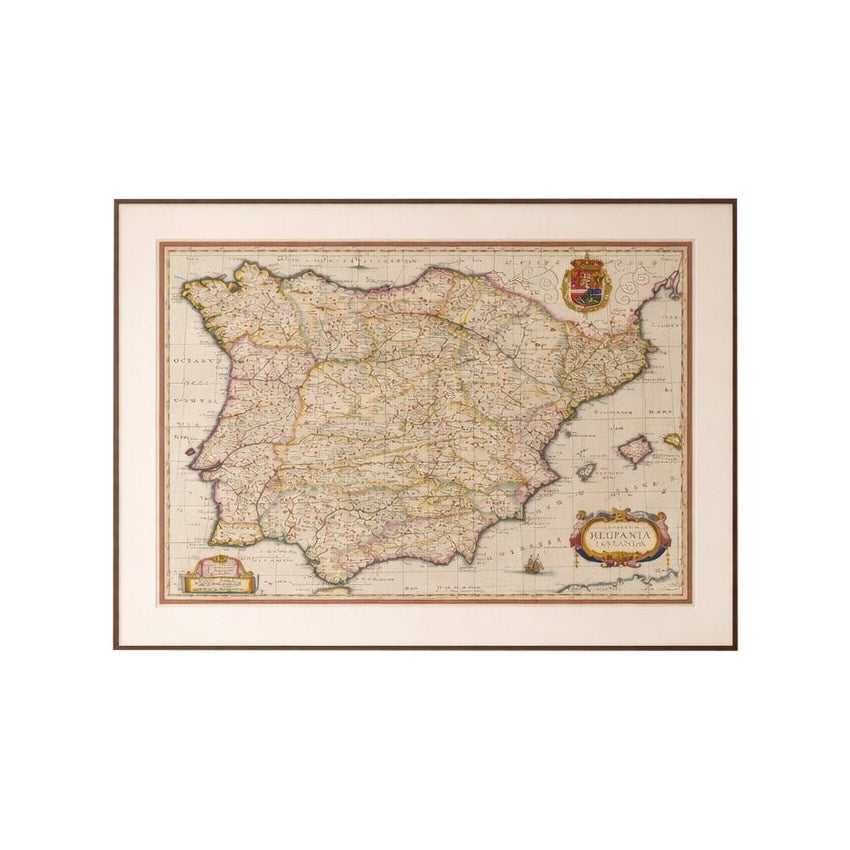 Antiguo Mapa Blaeu de España y Portugal "Hispania", Cartucho, c.1642