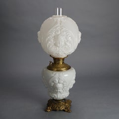 Antique Blanc De Chine Brass & Bronze Cupid Oil Lamp with Blown Out Glass c1900