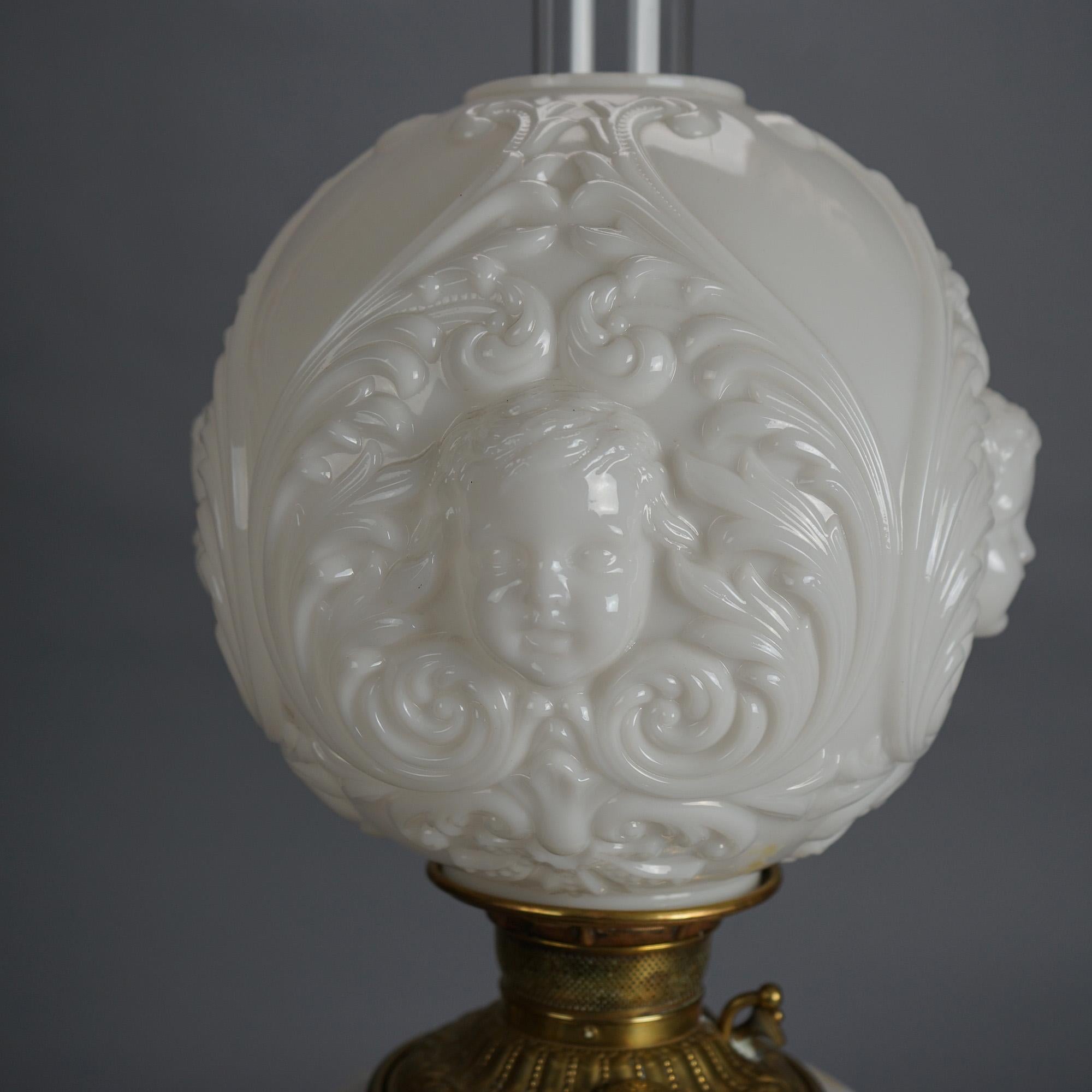 Antique Blanc De Chine Brass & Bronze Cupid Oil Lamp with Blown Out Glass c1900 For Sale 4