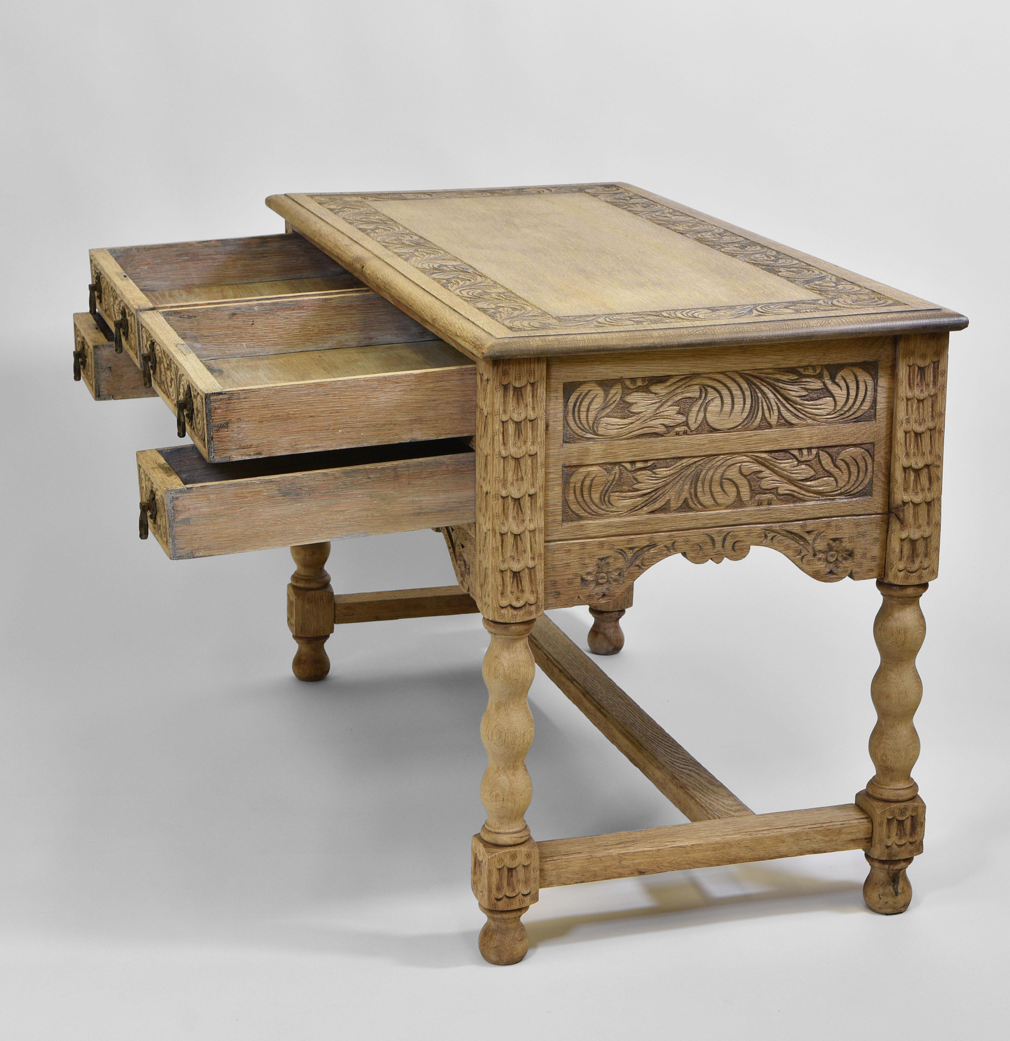 Antique English Bleached Carved Oak Kneehole Desk London Maker 5