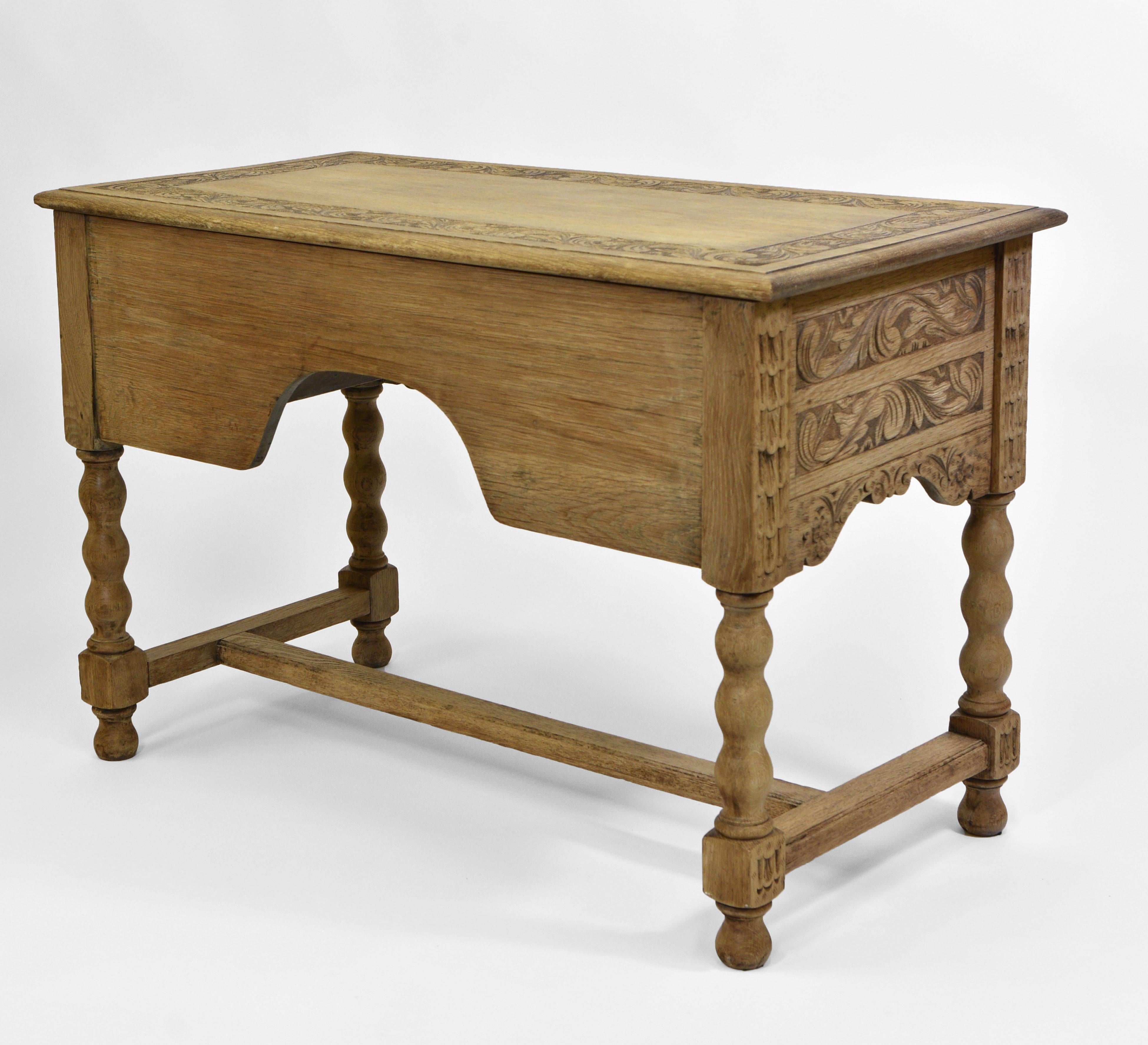 Antique English Bleached Carved Oak Kneehole Desk London Maker 6
