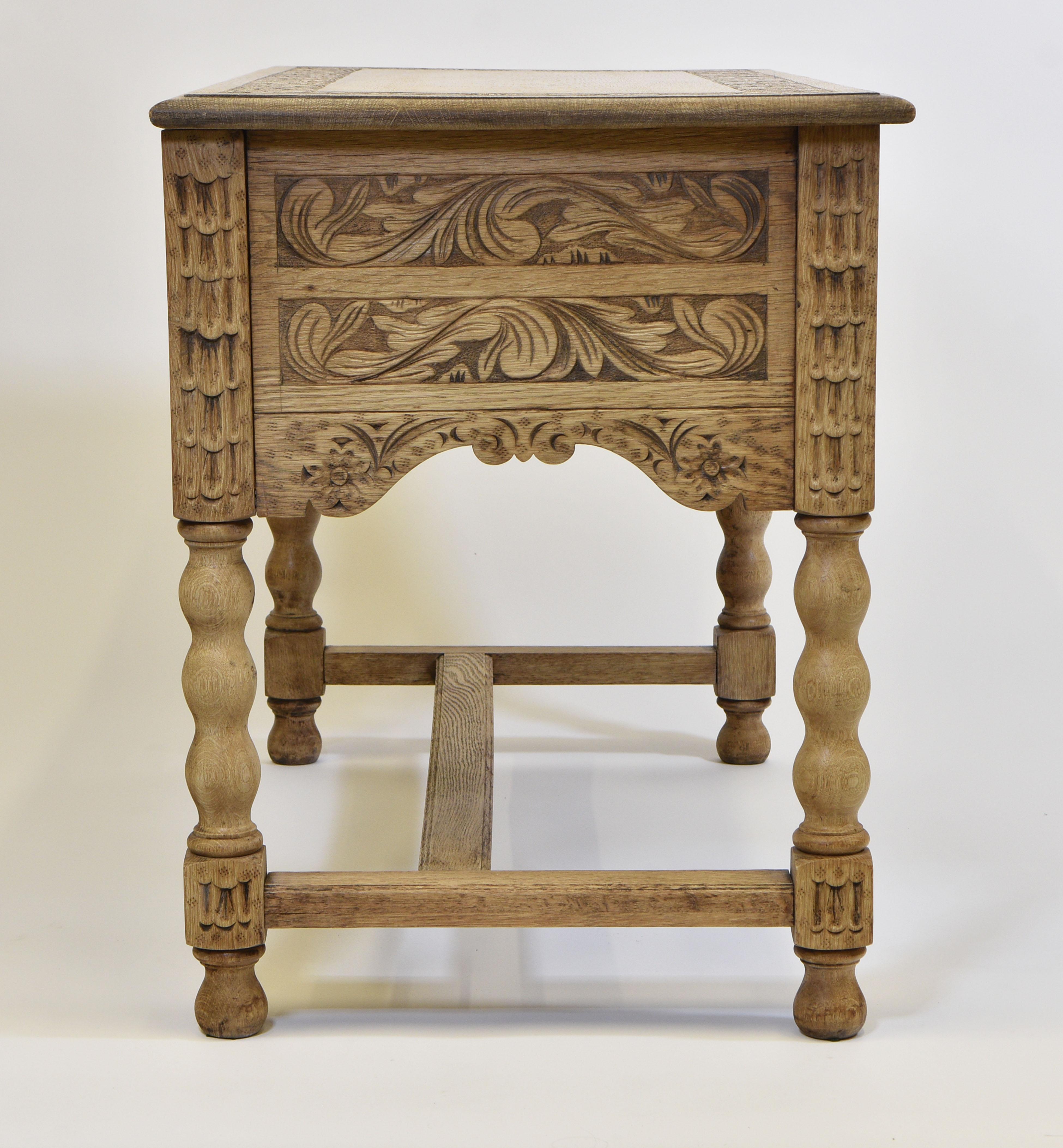 Antique English Bleached Carved Oak Kneehole Desk London Maker 7