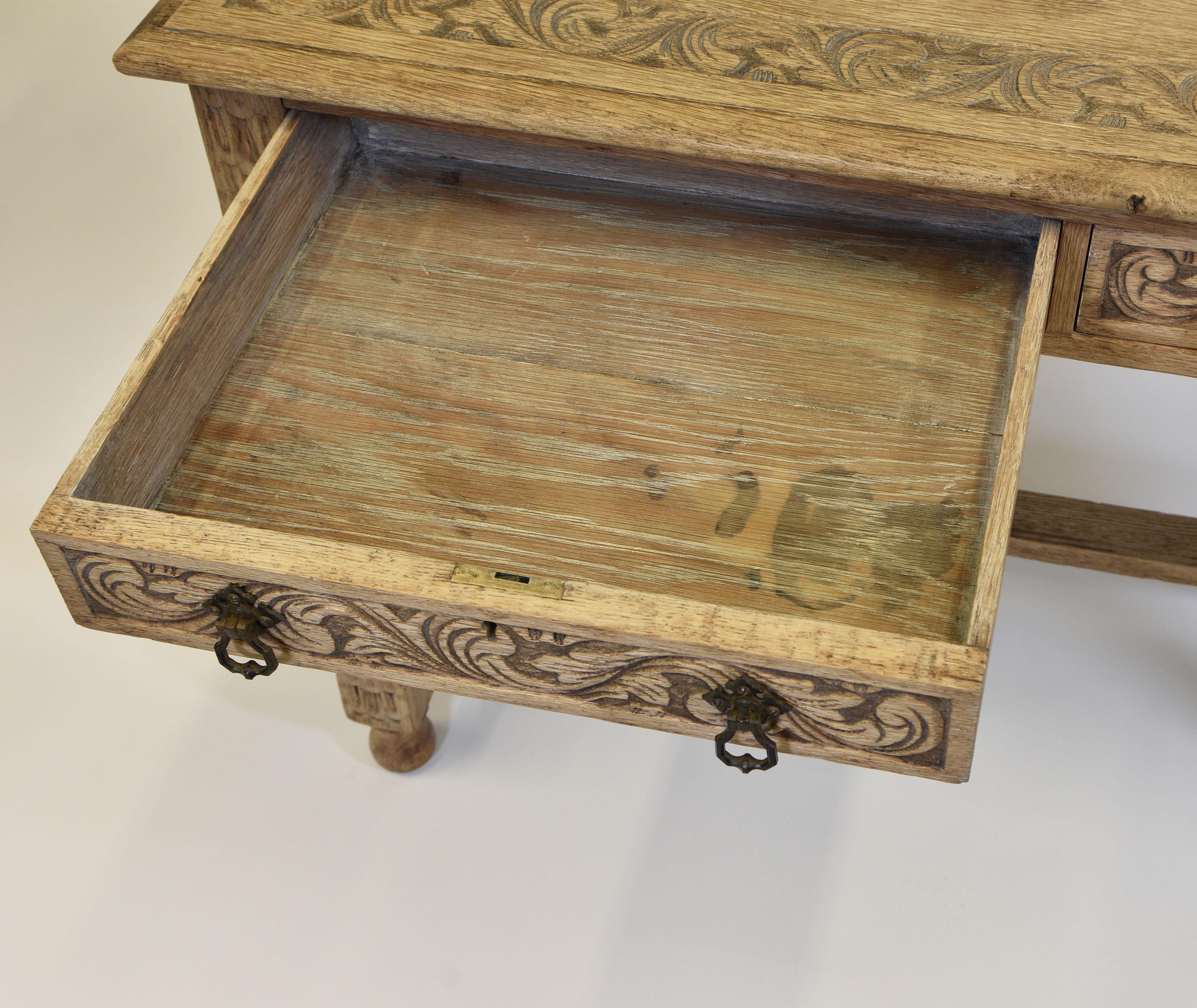 Antique English Bleached Carved Oak Kneehole Desk London Maker 8