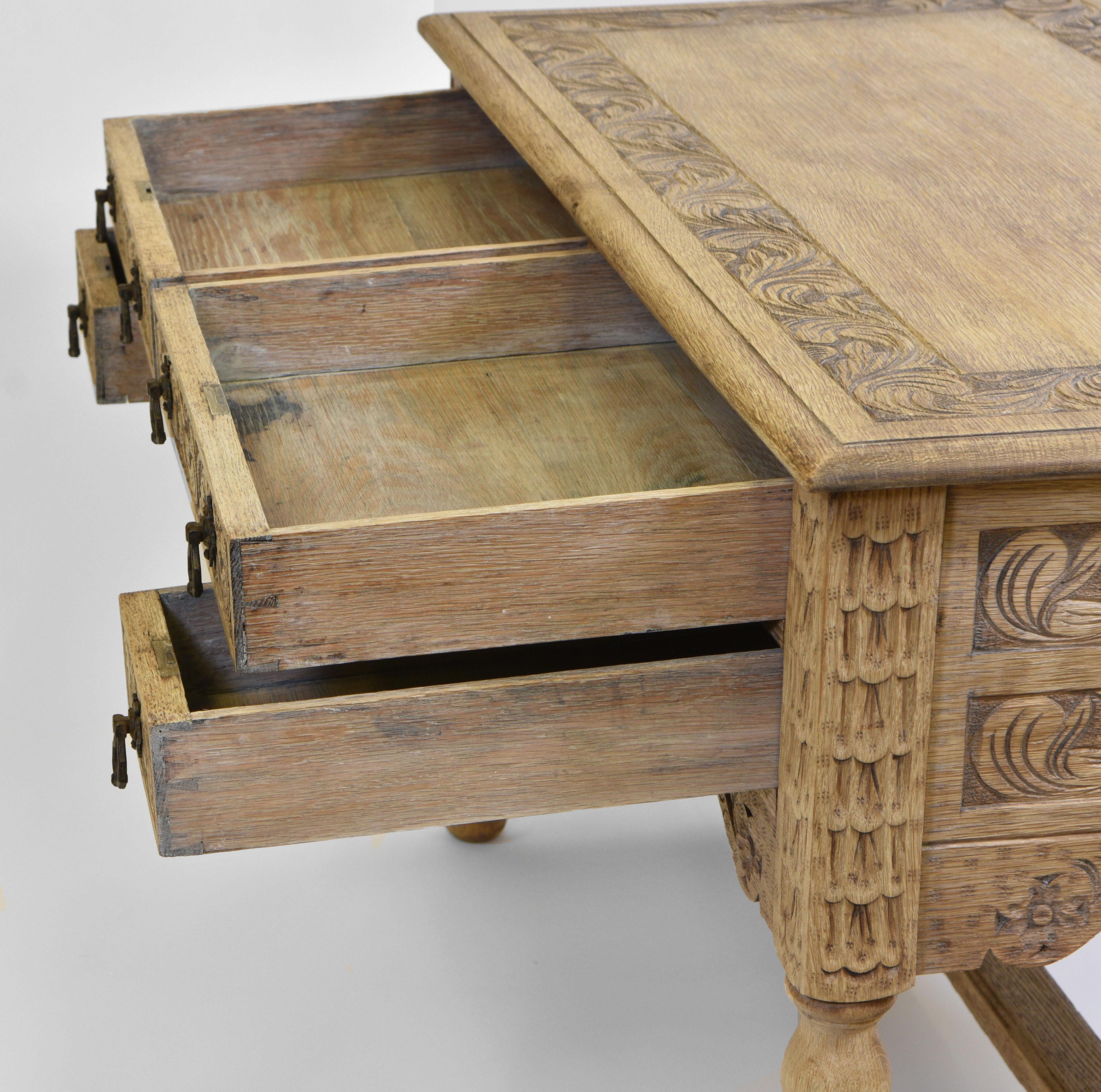 Antique English Bleached Carved Oak Kneehole Desk London Maker 9