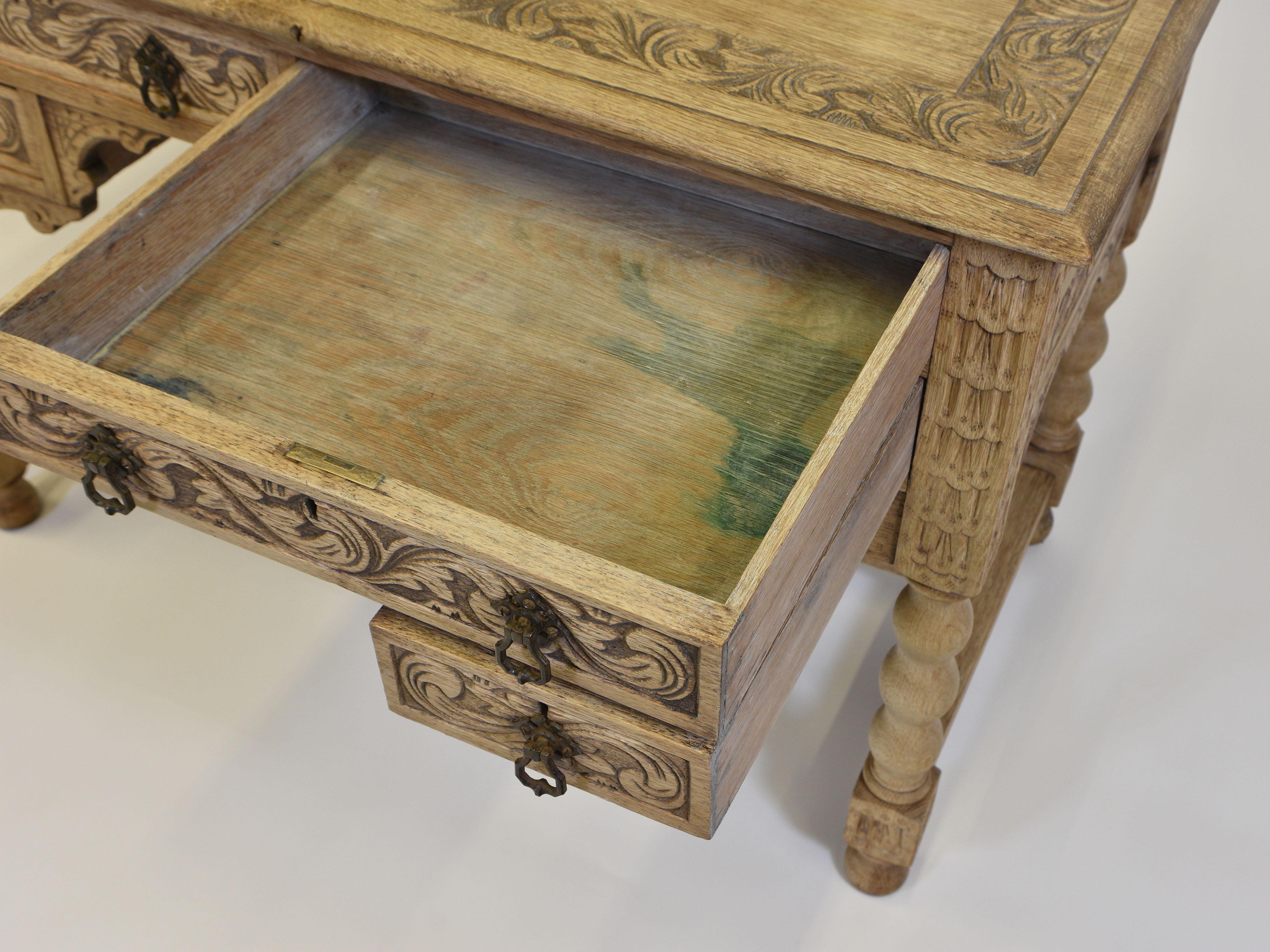 Antique English Bleached Carved Oak Kneehole Desk London Maker 10
