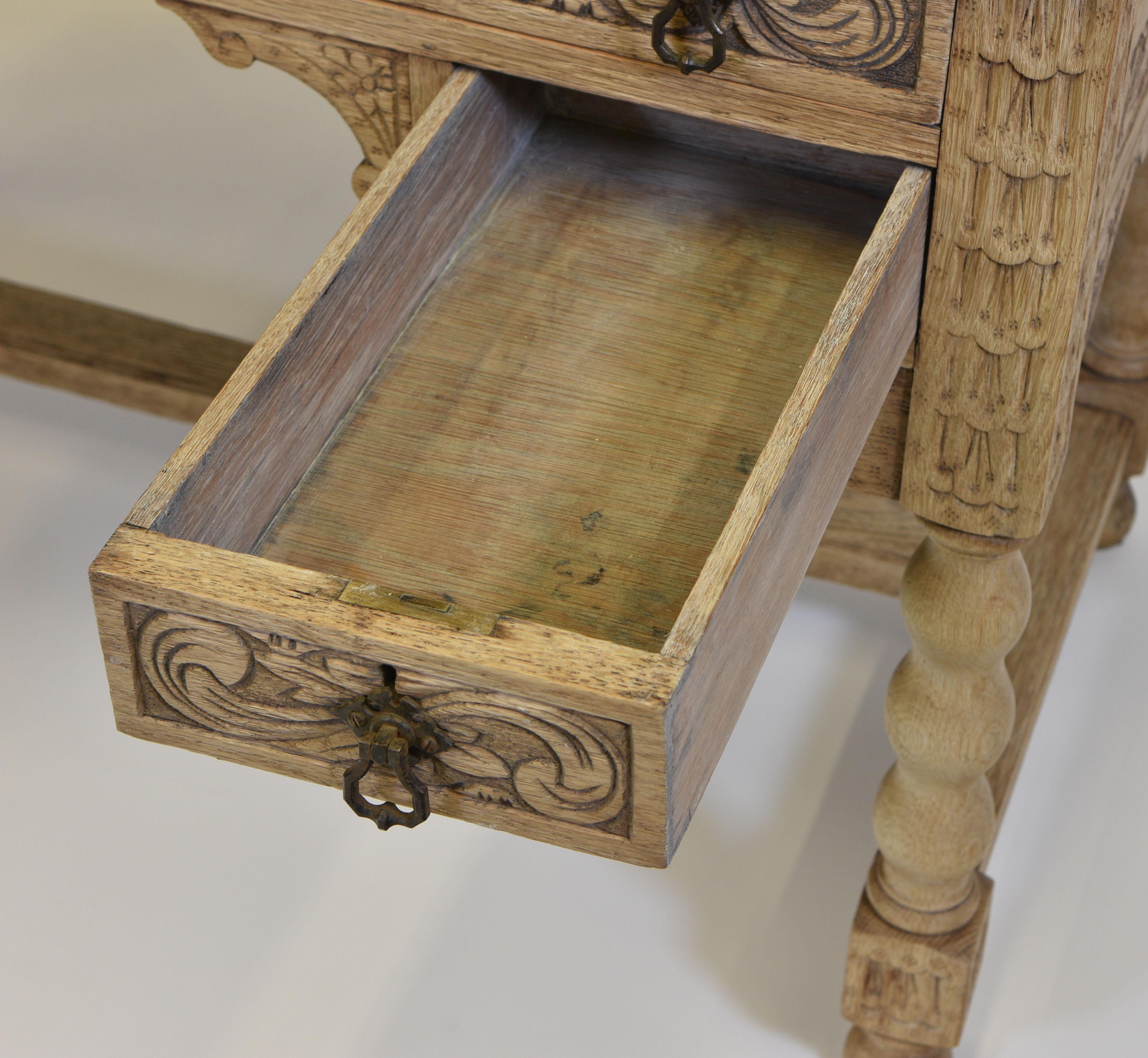 Antique English Bleached Carved Oak Kneehole Desk London Maker 11