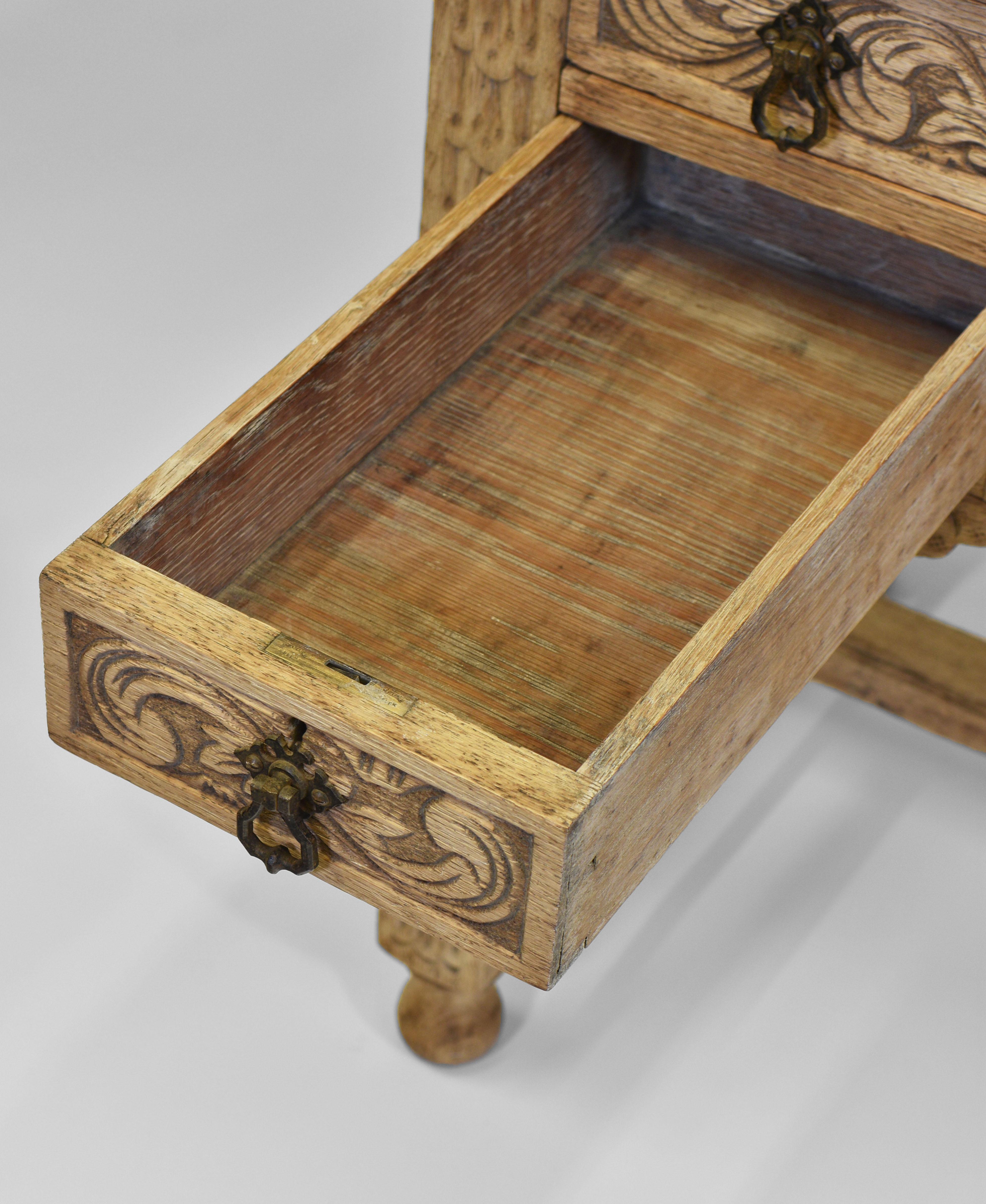 Antique English Bleached Carved Oak Kneehole Desk London Maker 12