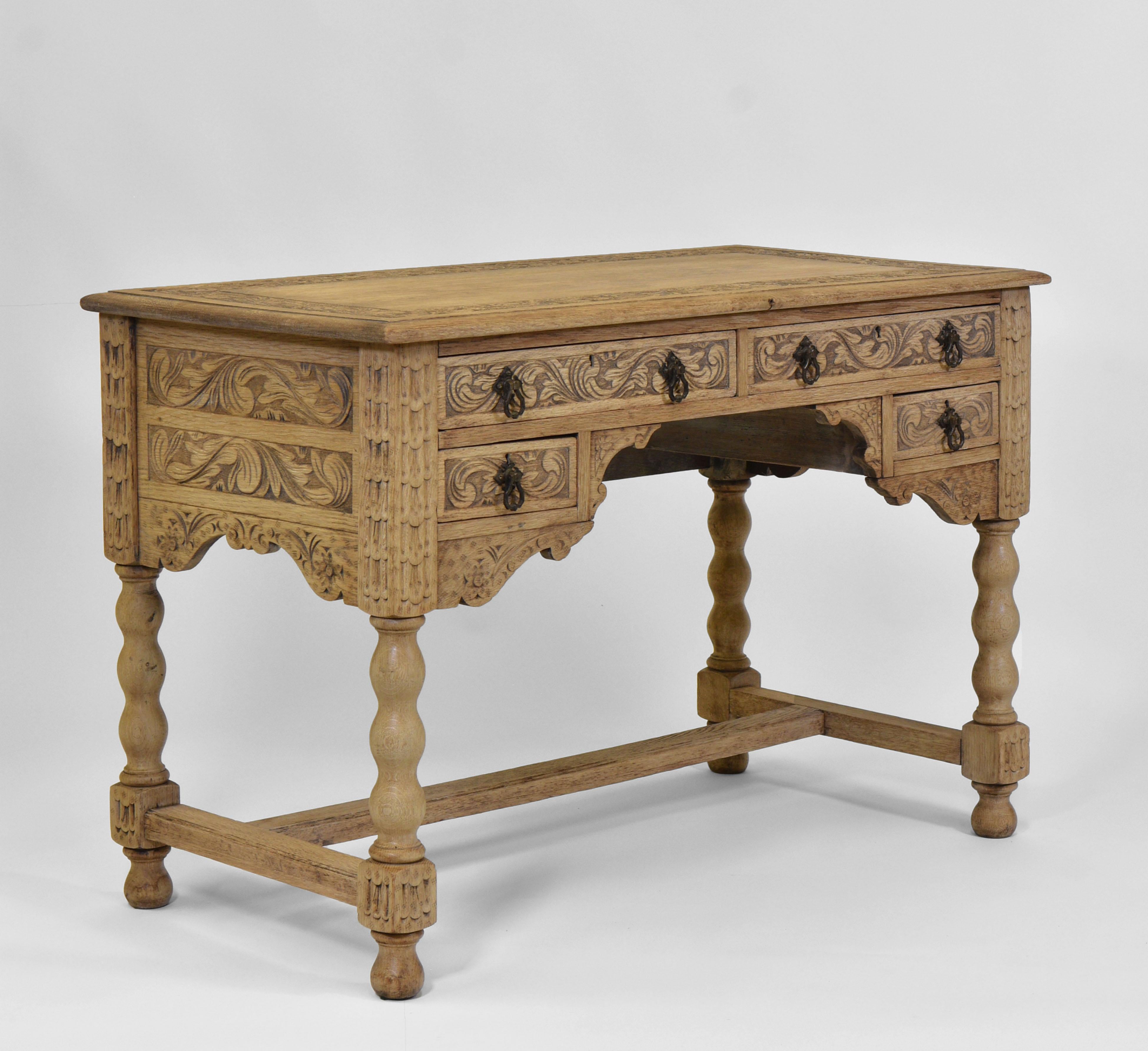 Antique English Bleached Carved Oak Kneehole Desk London Maker 13