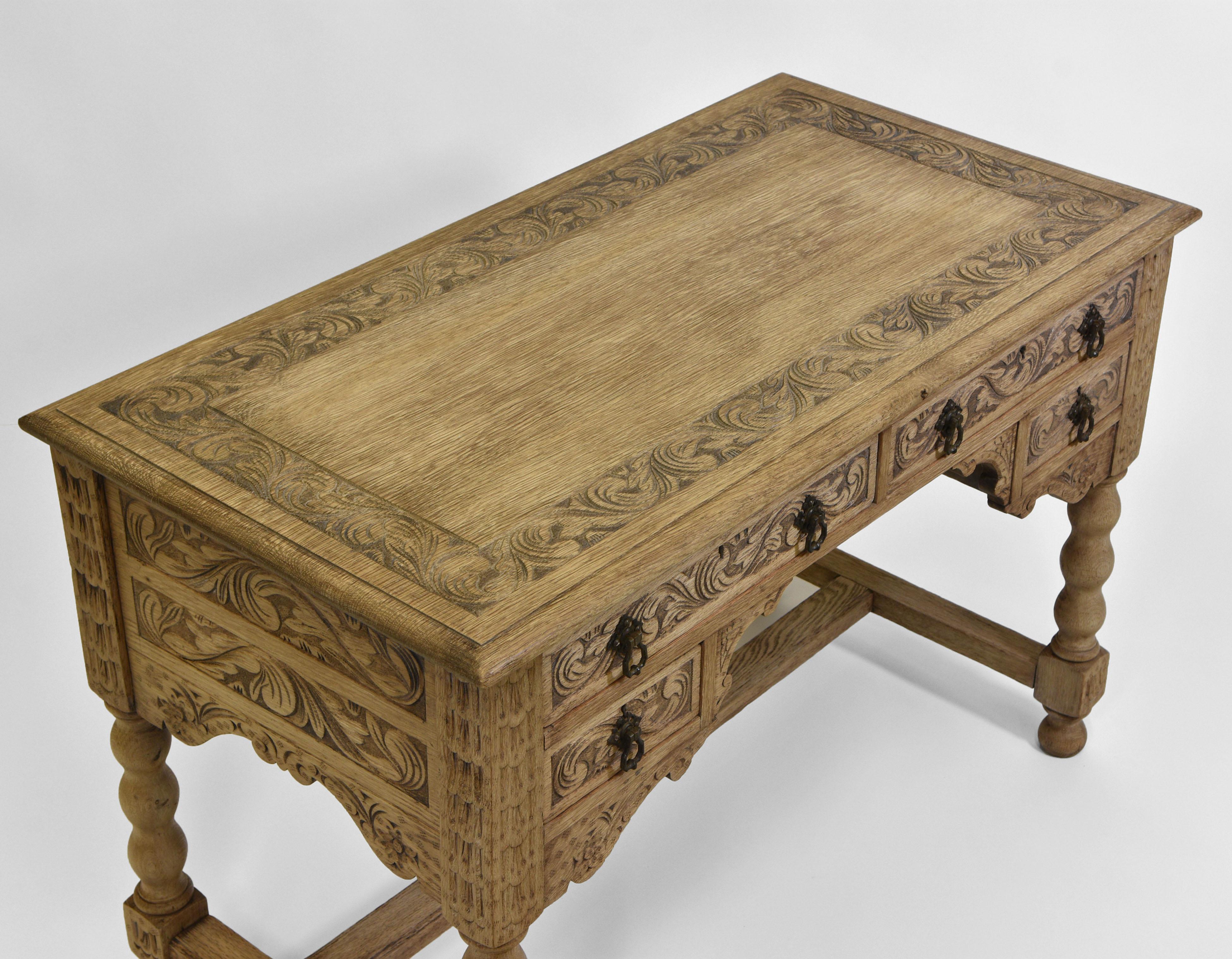 Antique English Bleached Carved Oak Kneehole Desk London Maker 2