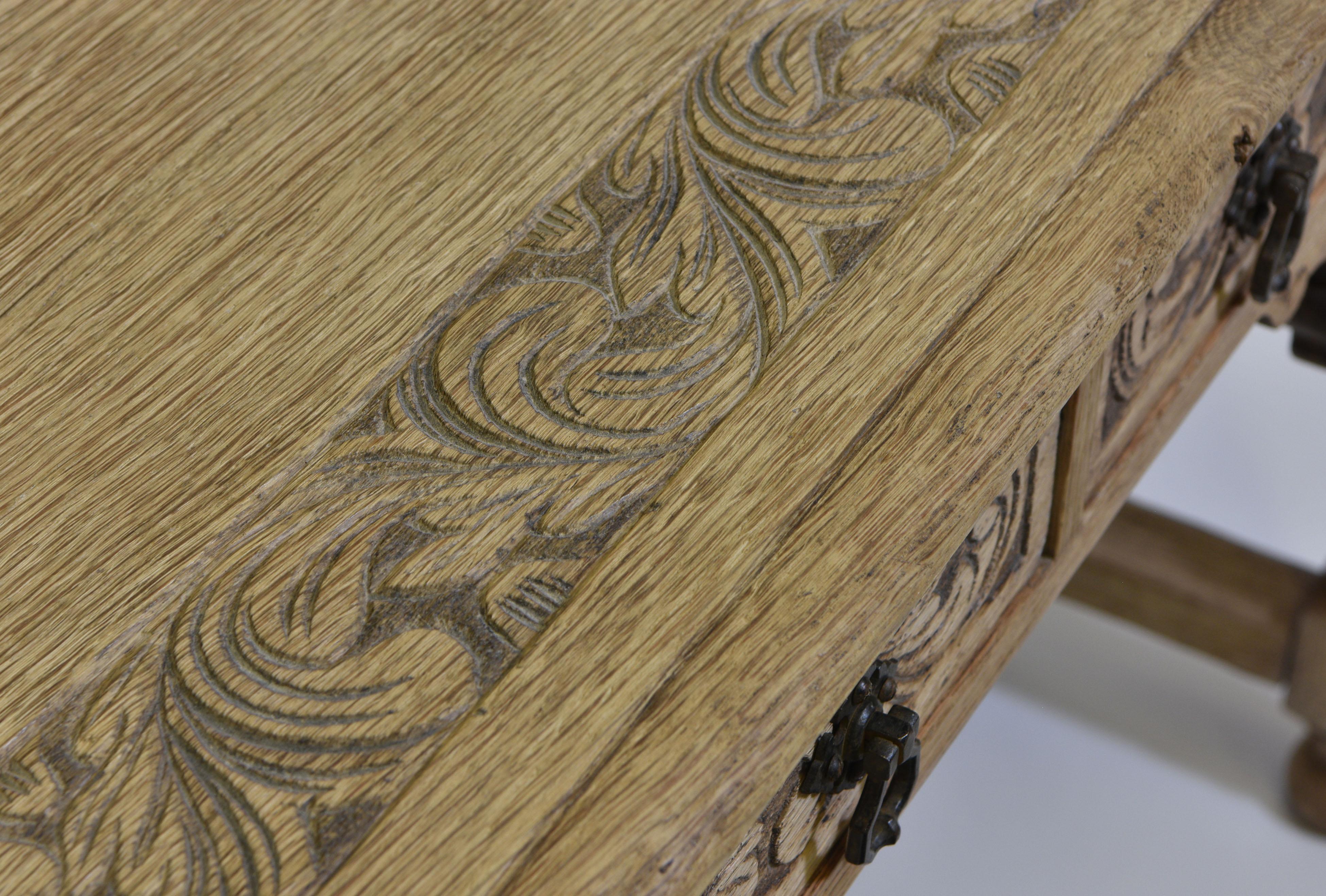 Antique English Bleached Carved Oak Kneehole Desk London Maker 3