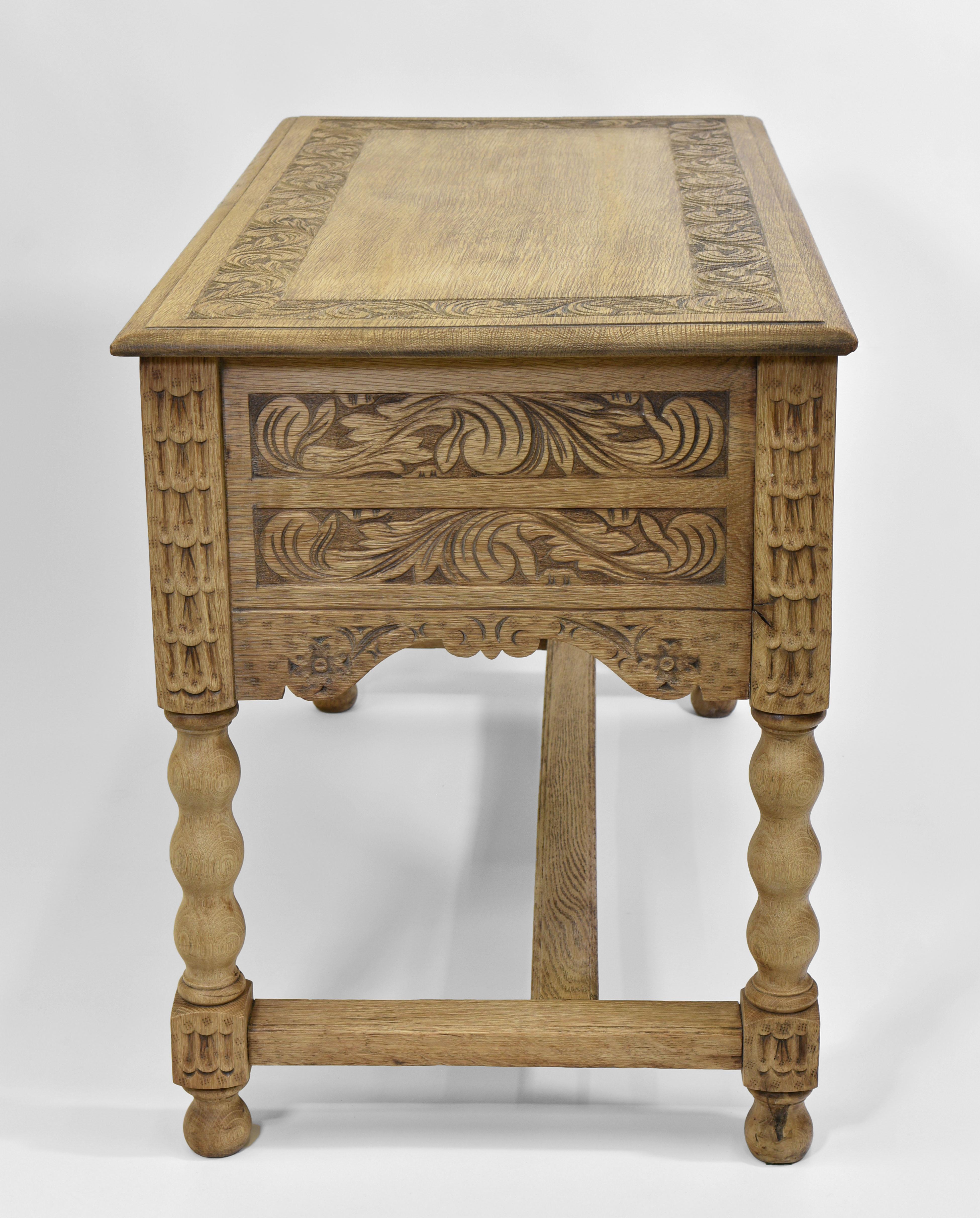 Antique English Bleached Carved Oak Kneehole Desk London Maker 4