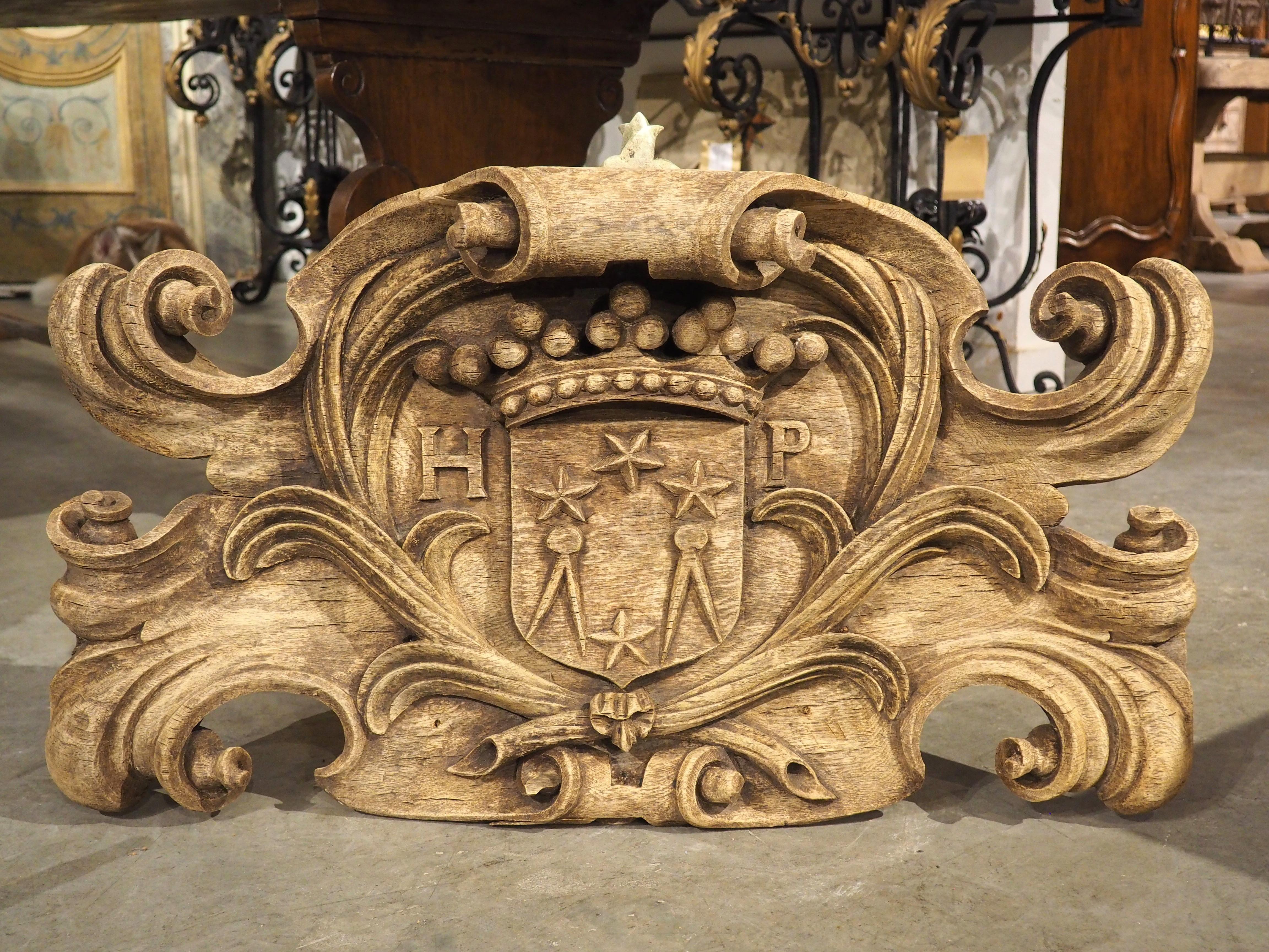 Antique Bleached French Cartouche Plaque with Coat of Arms, Monogram HP, C, 1700 6