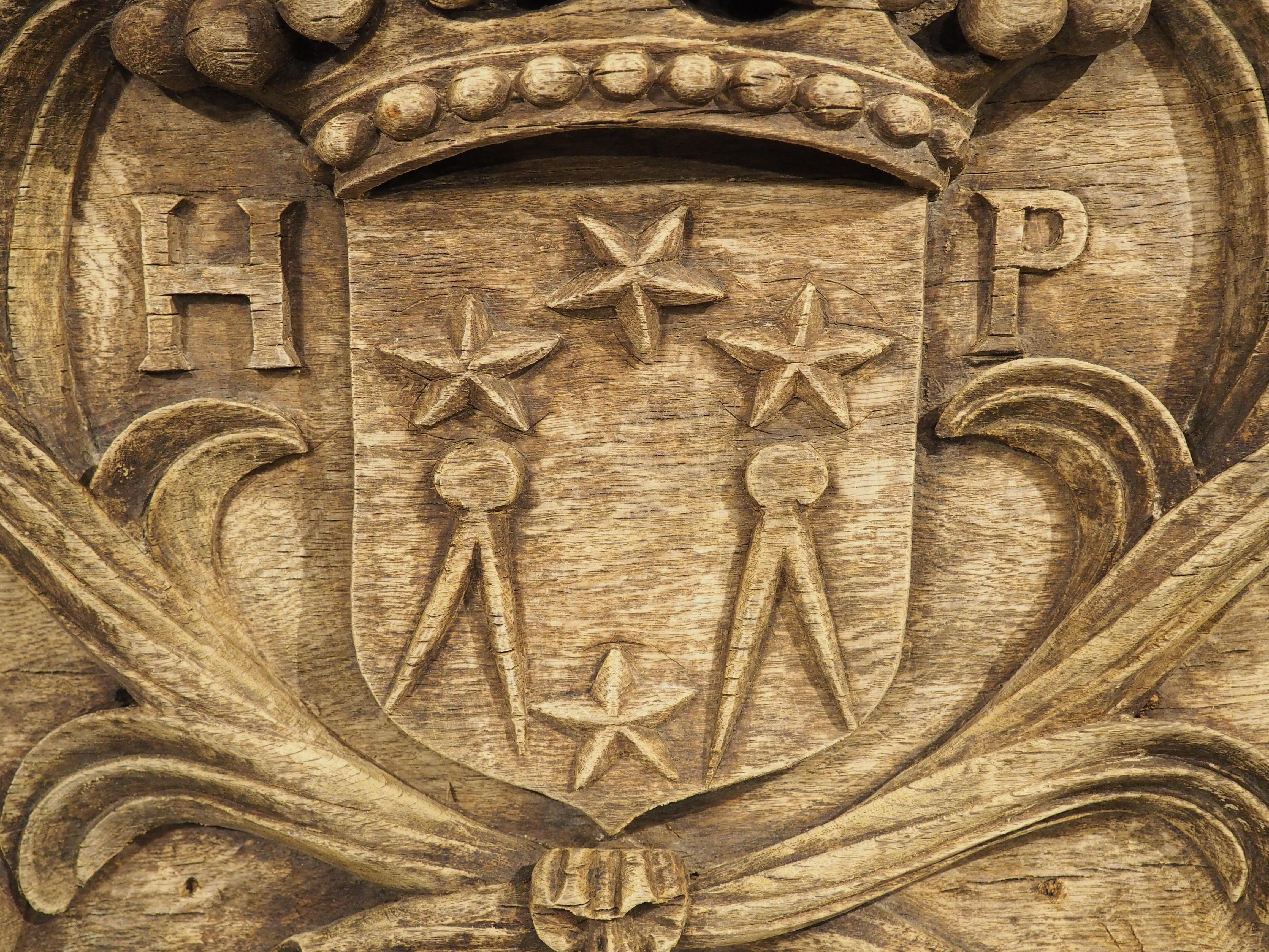 Wood Antique Bleached French Cartouche Plaque with Coat of Arms, Monogram HP, C, 1700 For Sale