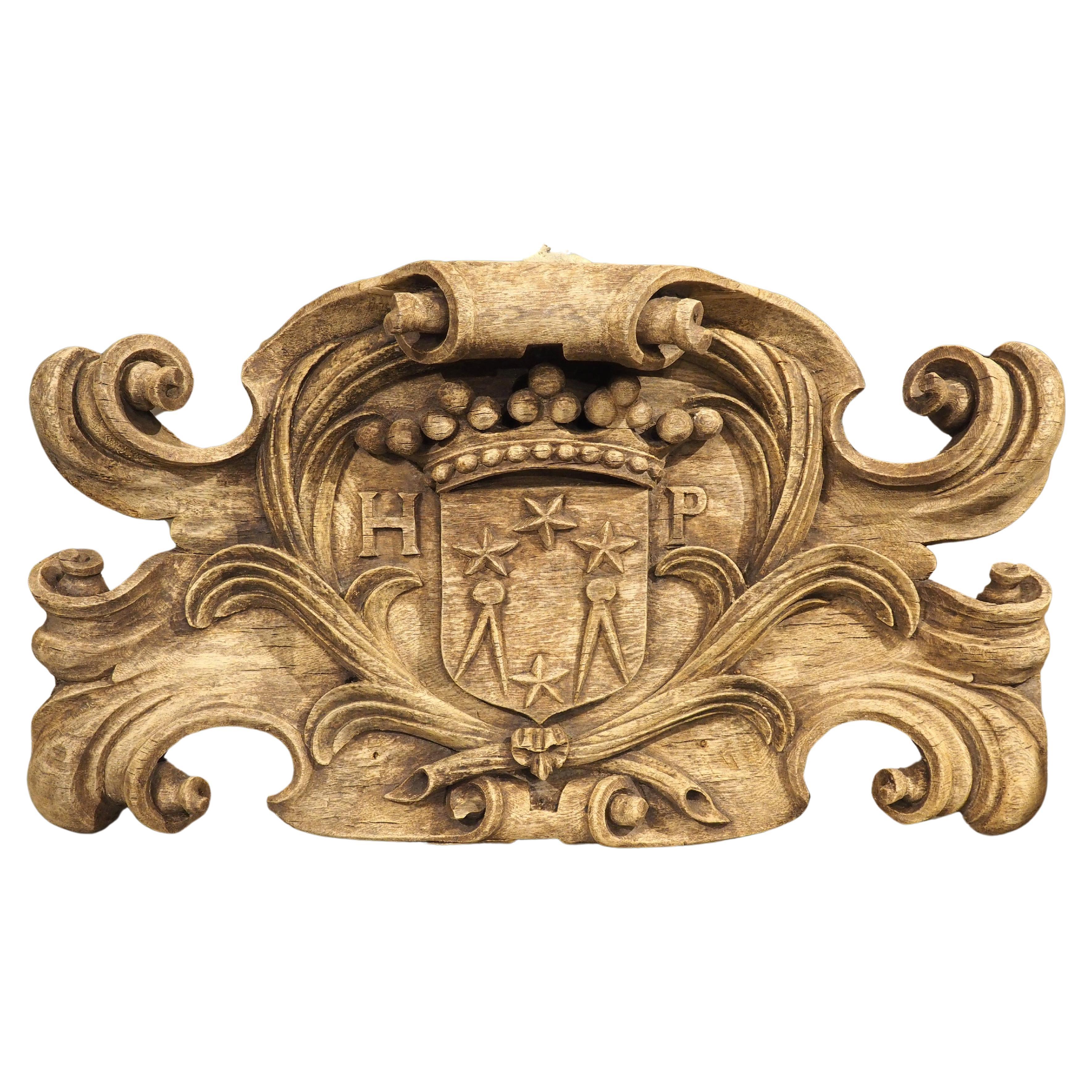 Antique Bleached French Cartouche Plaque with Coat of Arms, Monogram HP, C, 1700 For Sale