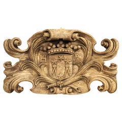 Antique Bleached French Cartouche Plaque with Coat of Arms, Monogram HP, C, 1700