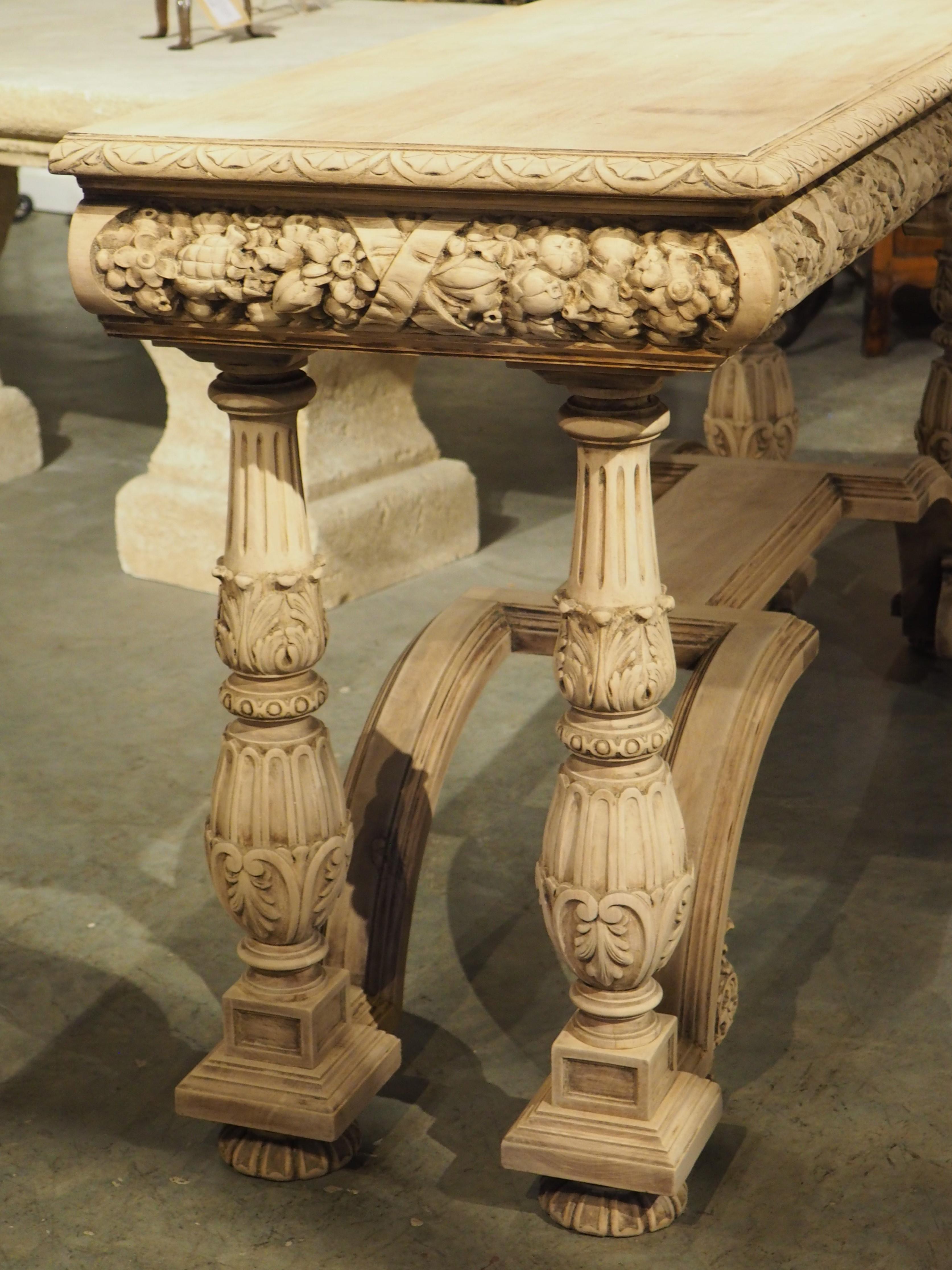 Antique Bleached French Walnut Wood Console Table, Late 1800s 13
