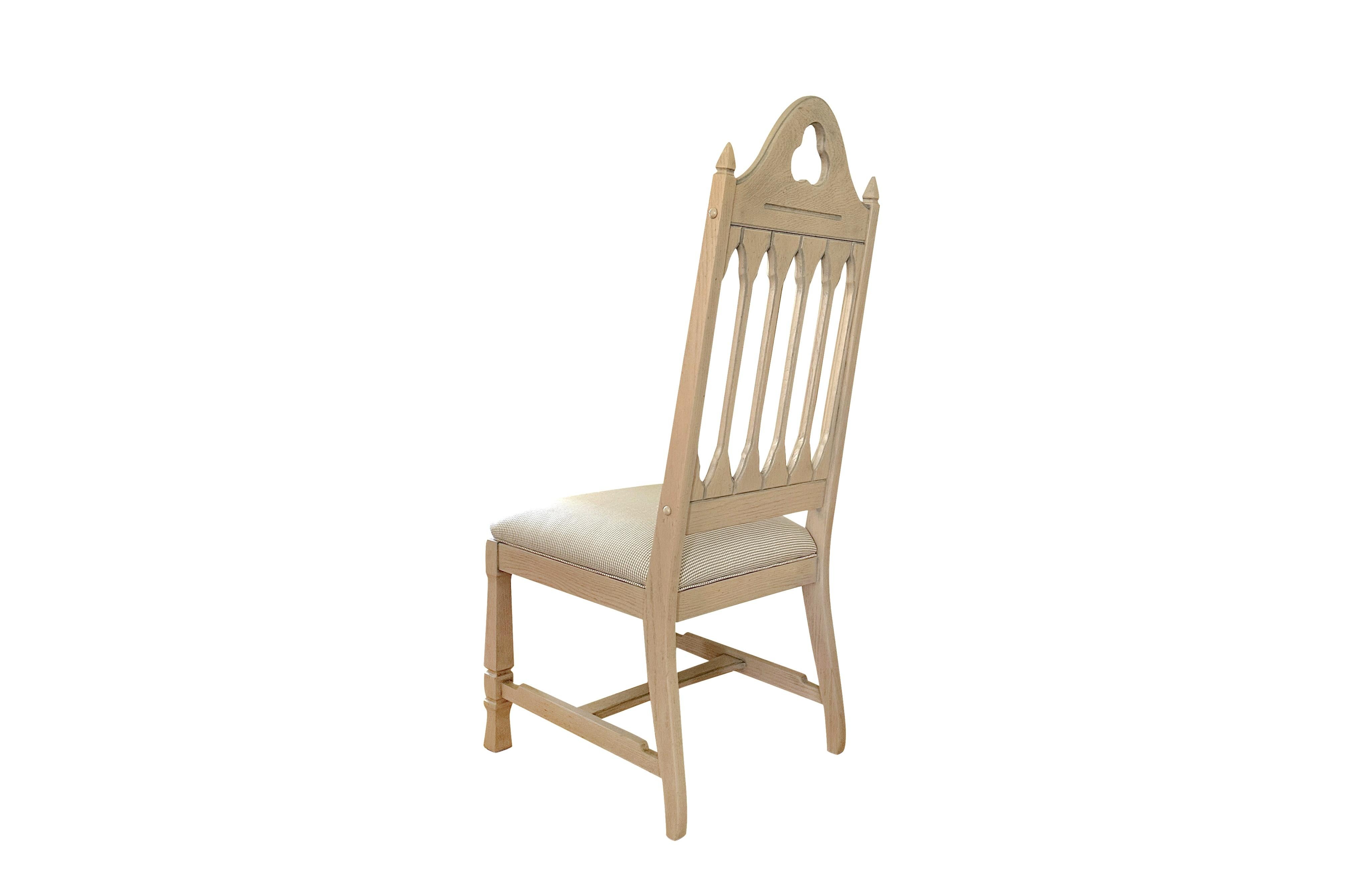 Gothic Revival Antique Bleached Gothic Dining Chairs with Mini Check Seat (Set of 6) For Sale
