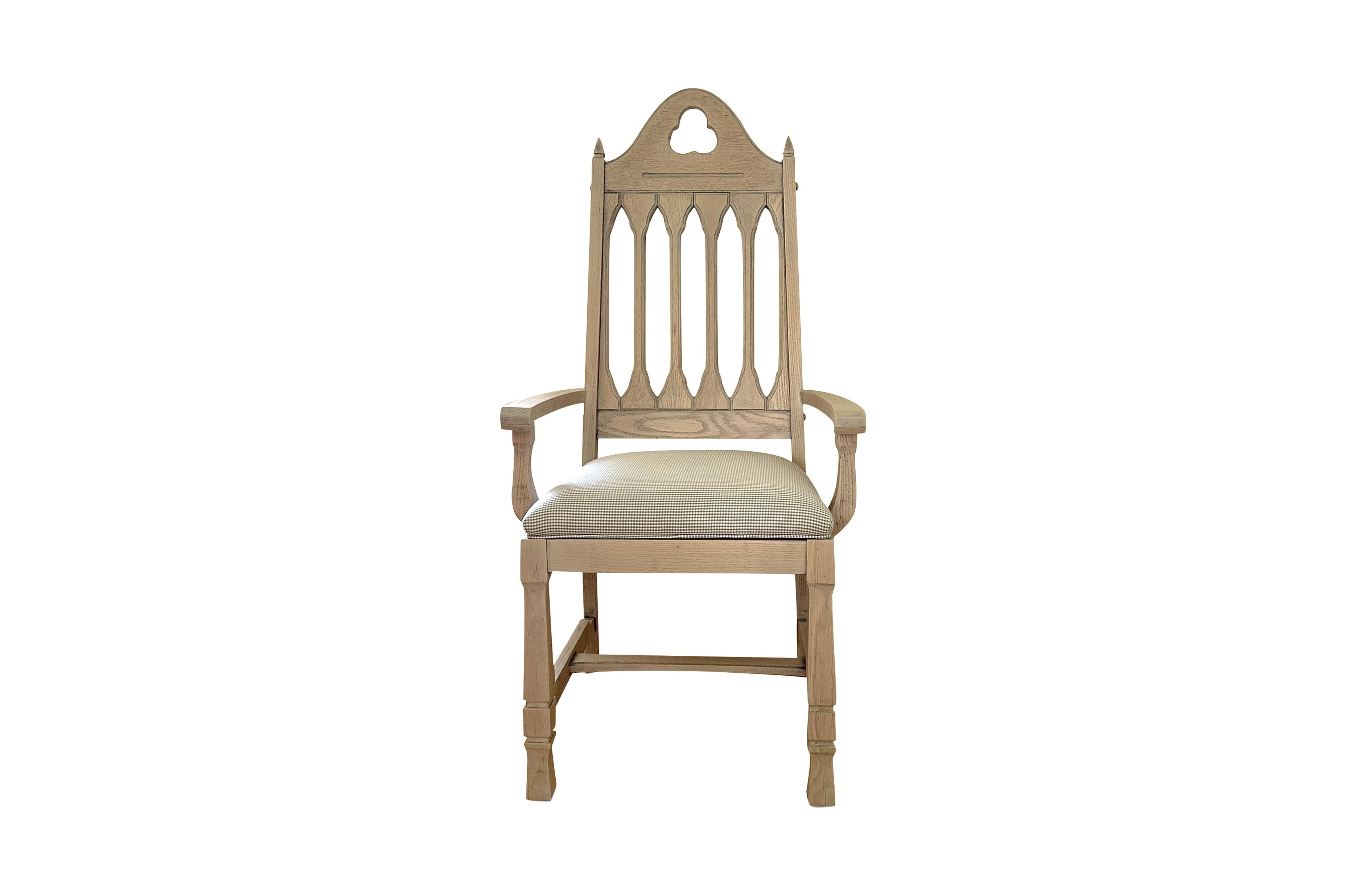 Hand-Carved Antique Bleached Gothic Dining Chairs with Mini Check Seat (Set of 6) For Sale