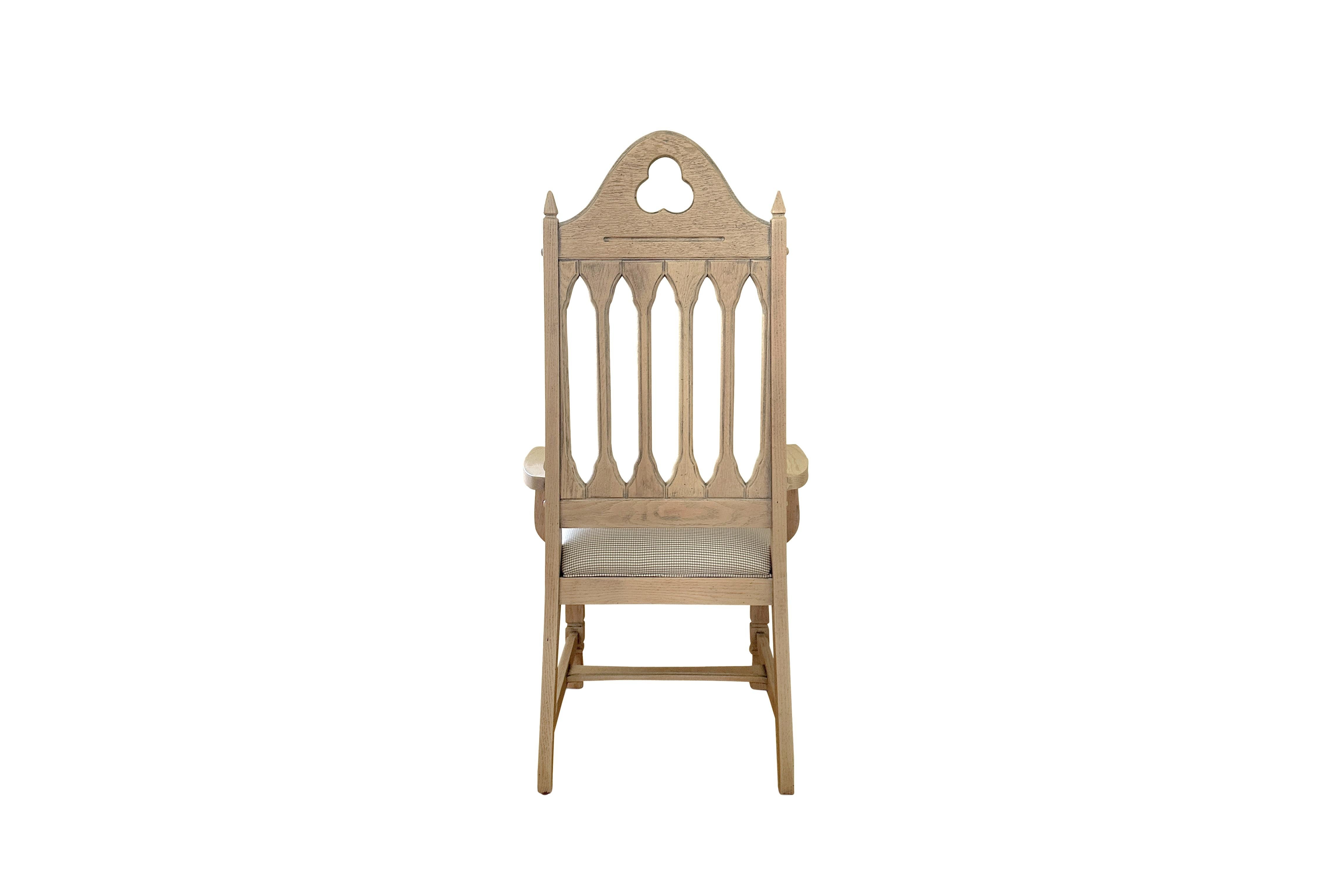 Antique Bleached Gothic Dining Chairs with Mini Check Seat (Set of 6) In Good Condition For Sale In Beverly Hills, CA