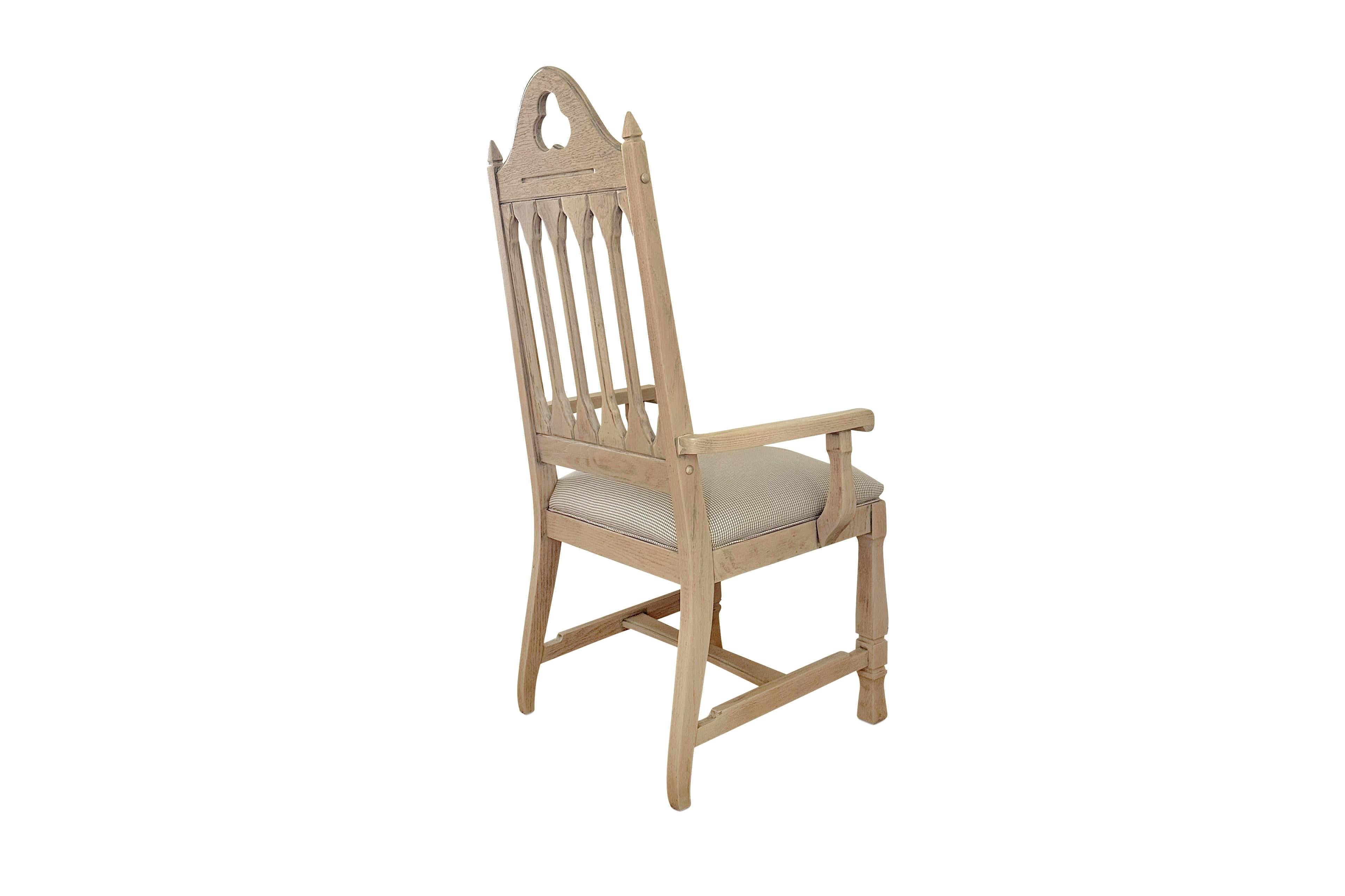 Antique Bleached Gothic Dining Chairs with Mini Check Seat (Set of 6) In Good Condition For Sale In Los Angeles, CA