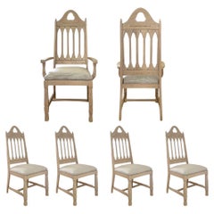 Antique Bleached Gothic Dining Chairs with Mini Check Seat (Set of 6)