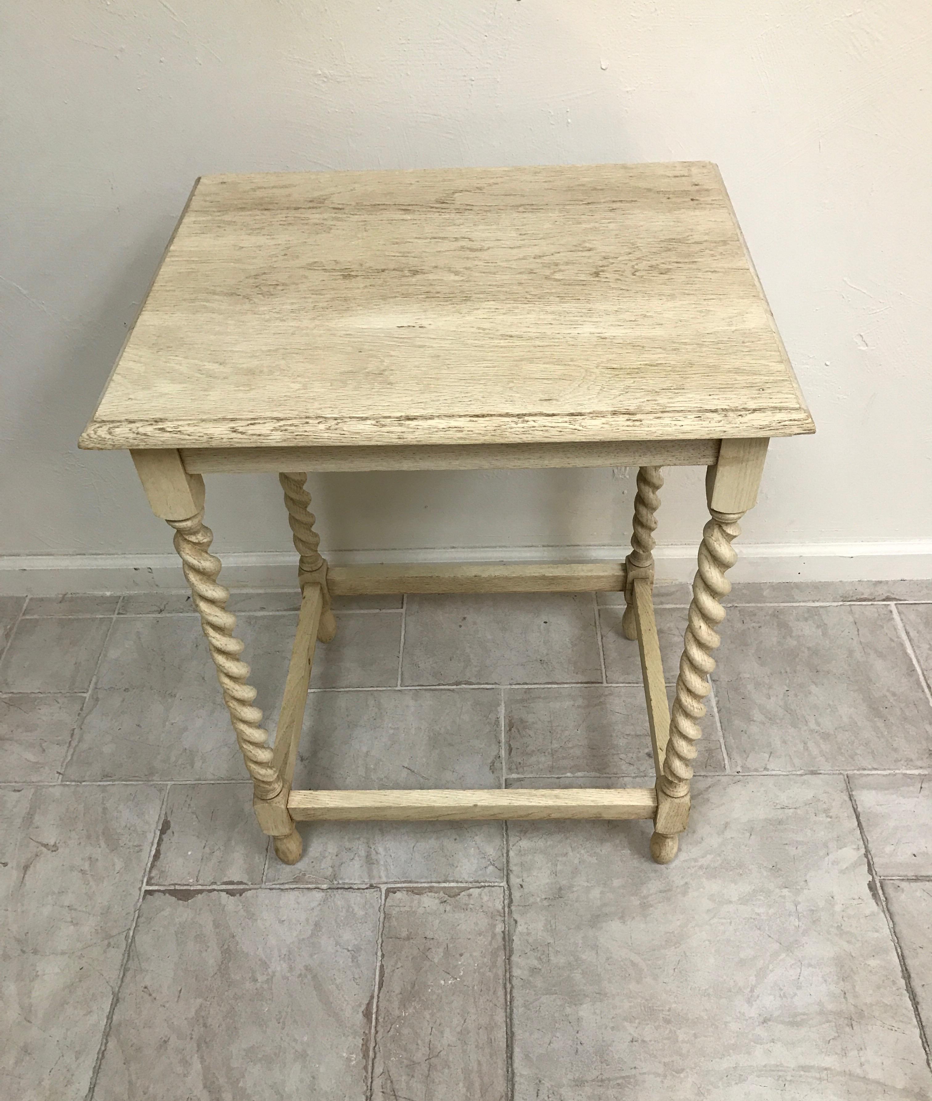 Bleached oak side table with barley twist legs and lower bottom stretchers.