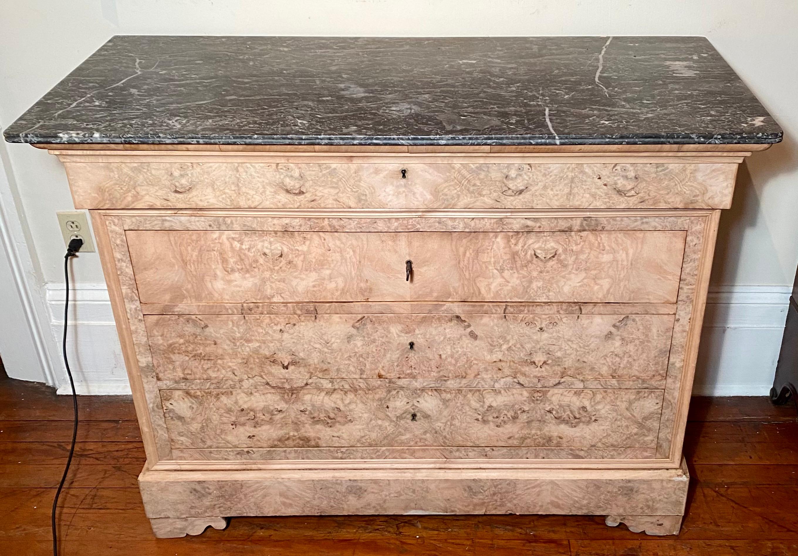 Antique bleached wood Charles X chest circa 1850s with marble top.