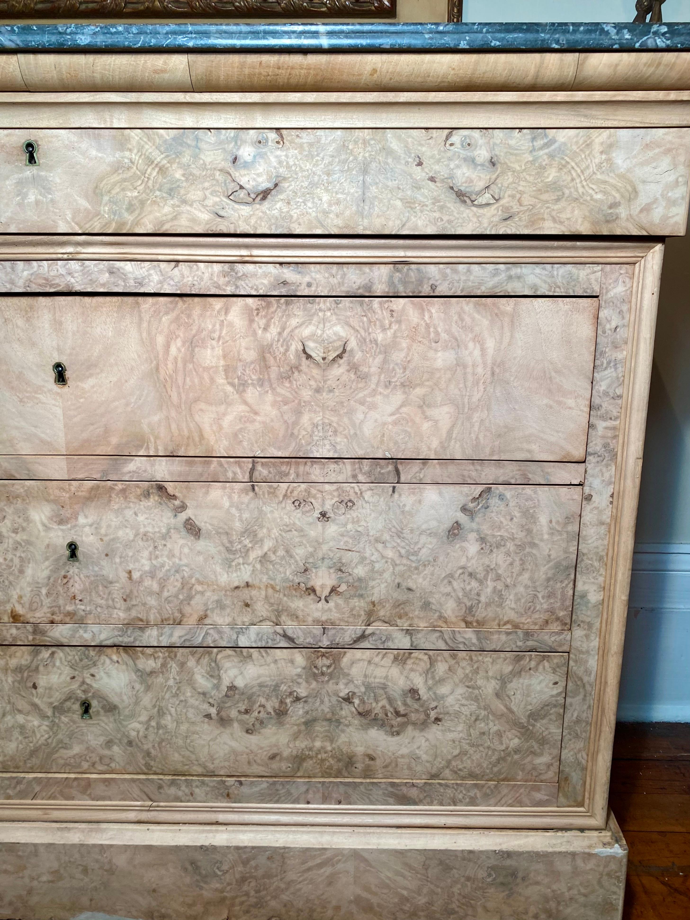 French Antique Bleached Wood Charles X Chest with Marble Top