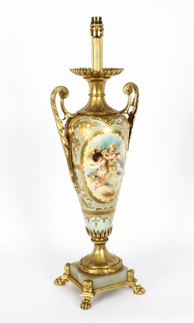 Antique Bleu Celeste Sevres Porcelain Ormolu Table Lamp 19th Century