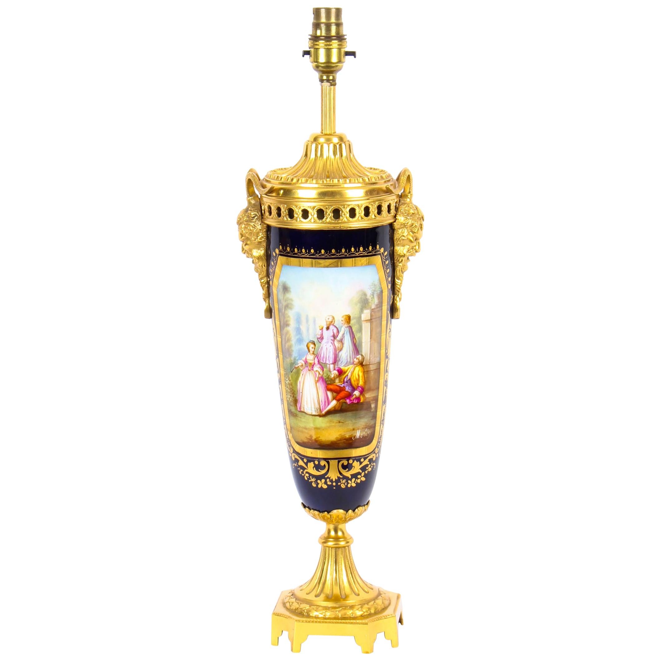 Antique Bleu Royale Sèvres Porcelain Ormolu Table Lamp, 19th Century For Sale