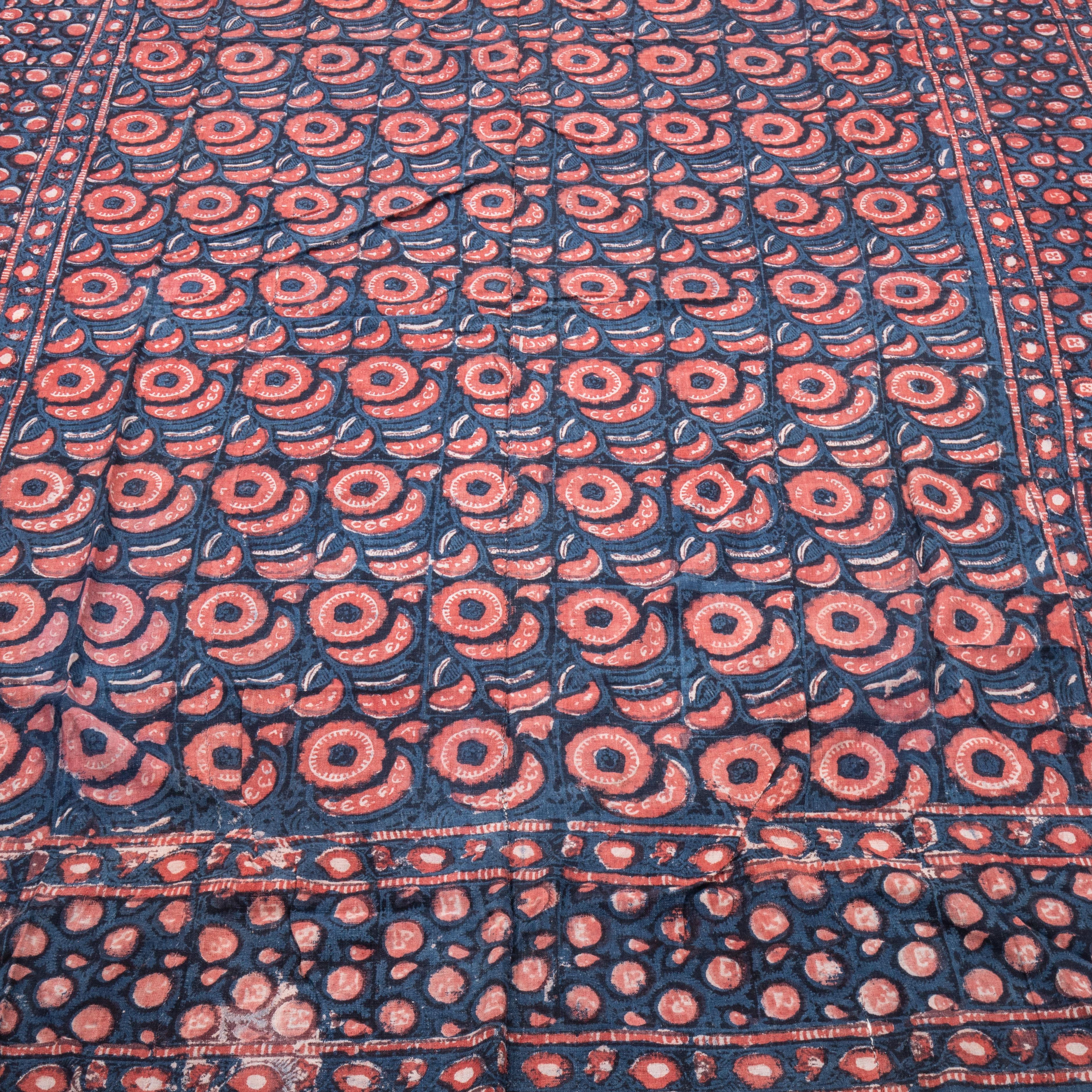 Kalamkari Antique Block Printed Indigo Quilt Top, Uzbekistan, Early 20th  For Sale