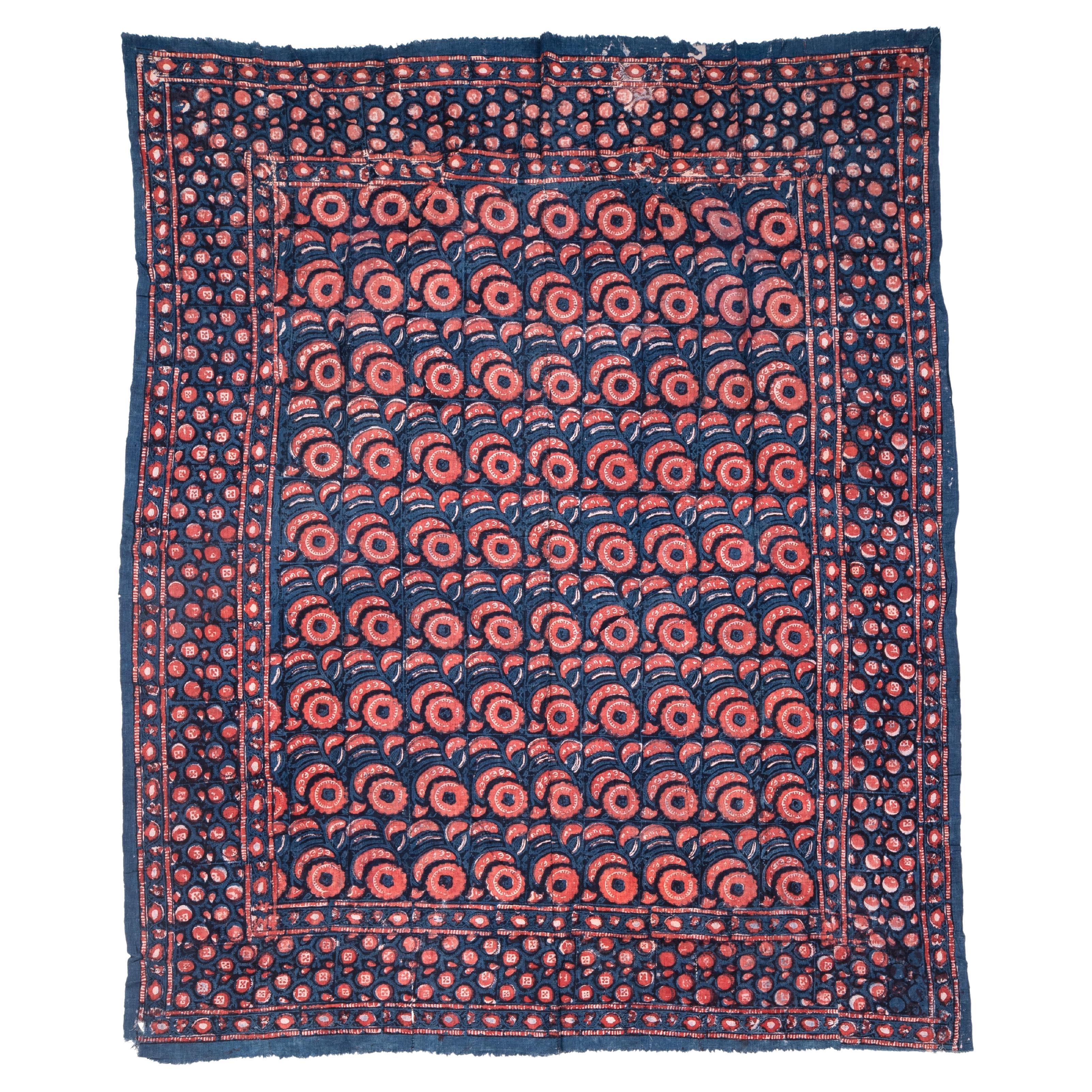 Antique Block Printed Indigo Quilt Top, Uzbekistan, Early 20th  For Sale