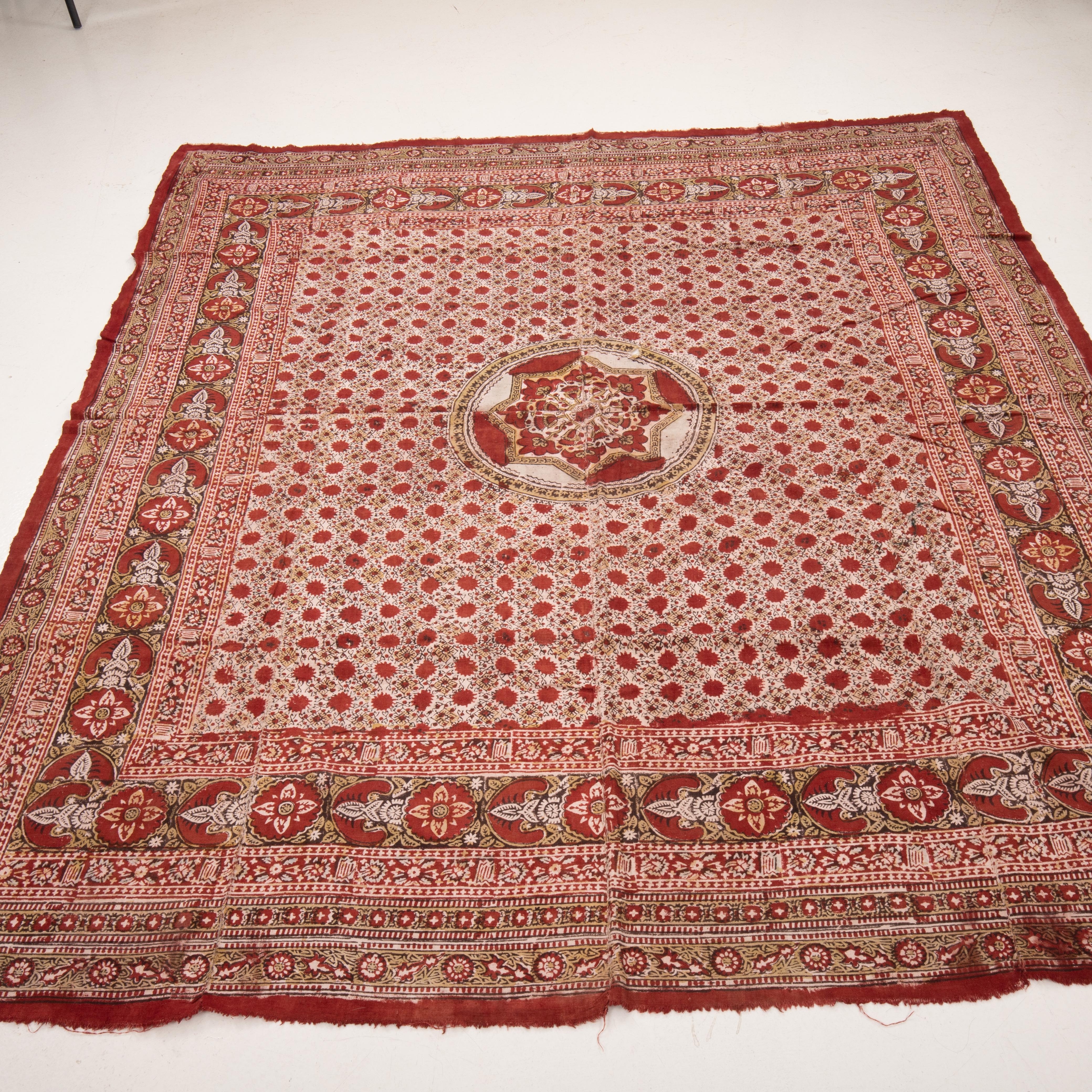 Kalamkari Antique Block Printed Quilt Top, Uzbekistan, Early 20th C. For Sale