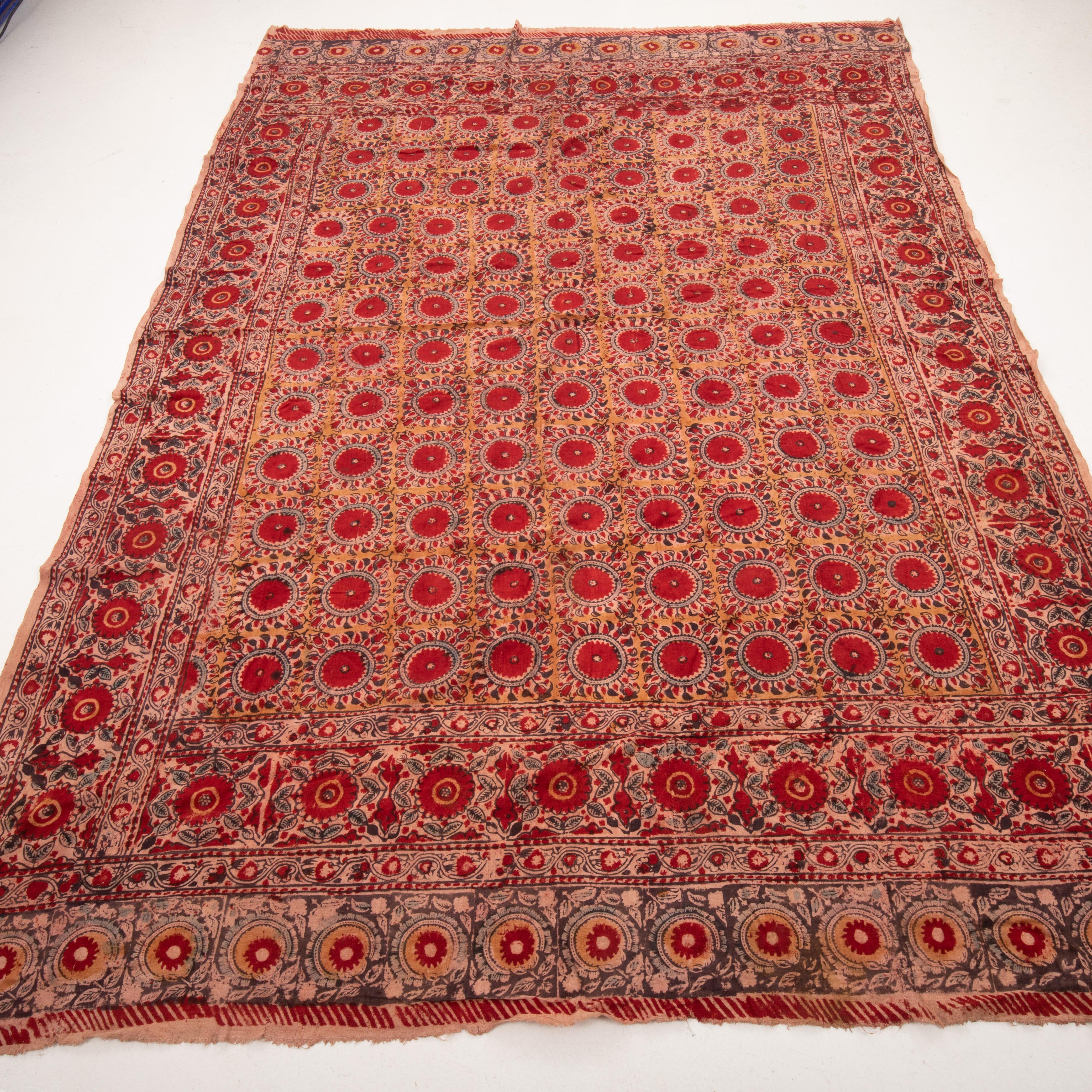 Kalamkari Antique Block Printed Quilt Top, Uzbekistan, Early 20th C. For Sale